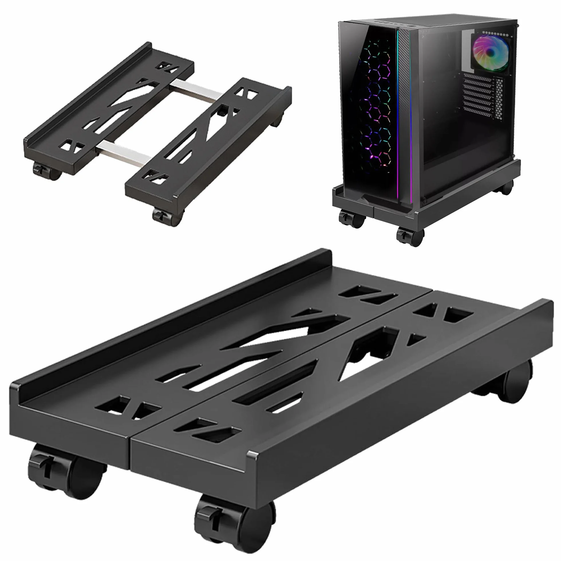 Stojak na komputer z kółkami, regulowany uchwyt CPU, wózek pod biurko, uniwersalny do PC (czarny)
