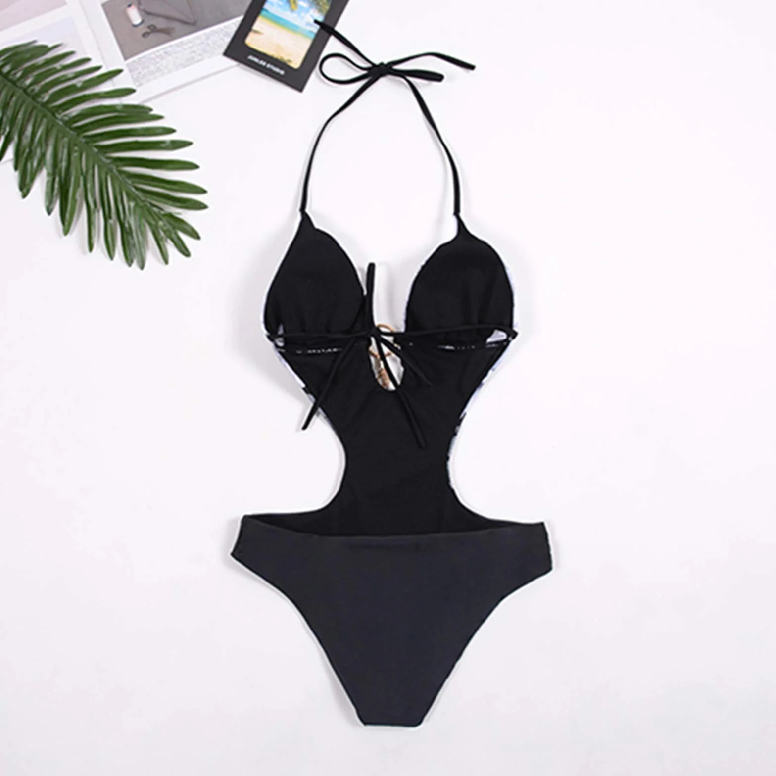 Damski seksowny jednoczęściowy strój kąpielowy wycięty brzuch kontrolujący stroje kąpielowe krawat V Neck O-ring Halter kostiumy kąpielowe z pomponem Backless Monokinis,1,L
