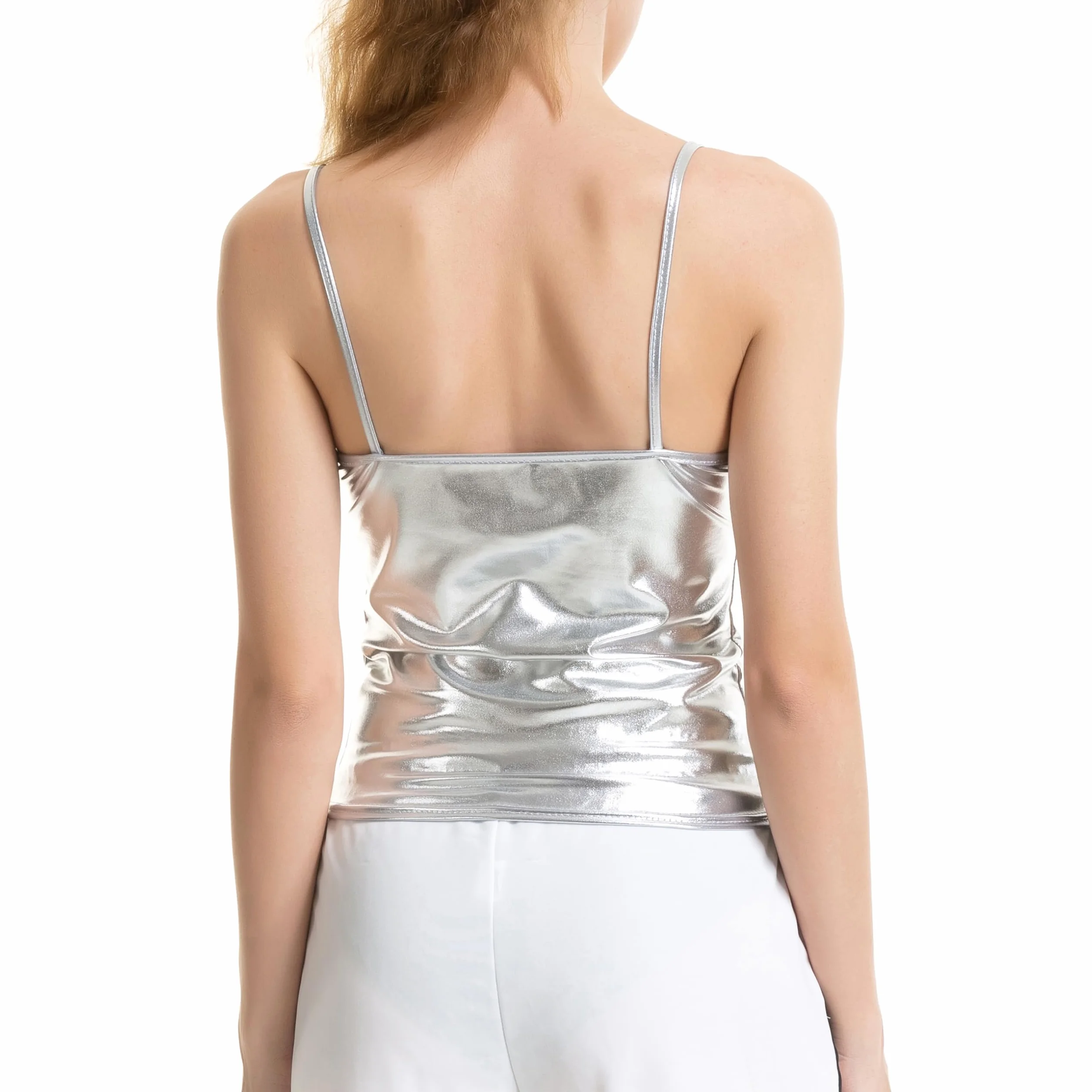 NewL Damska błyszcząca metaliczna koszulka na ramiączkach mokra krótka kamizelka ramiączka spaghetti tank top impreza klub odzież taneczna podstawowe paski Cami