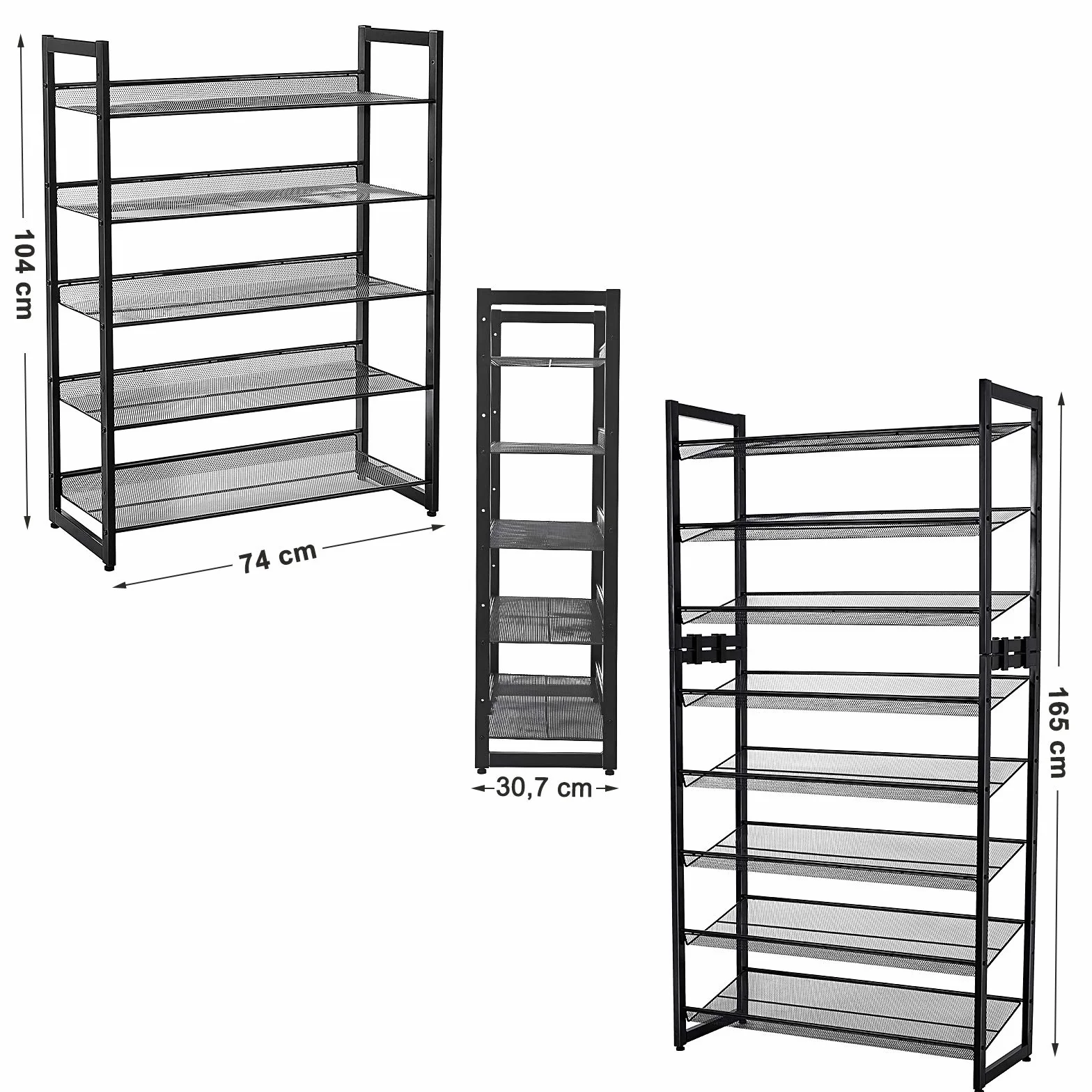 SONGMICS 5-poziomowy regał na buty, rozszerzalny stojak na buty z metalu, regulowana półka na buty, na 15-20 par butów, krótkie kozaki, czółenka, 74 x 104 x 30,7 cm, czarny, LMR005B