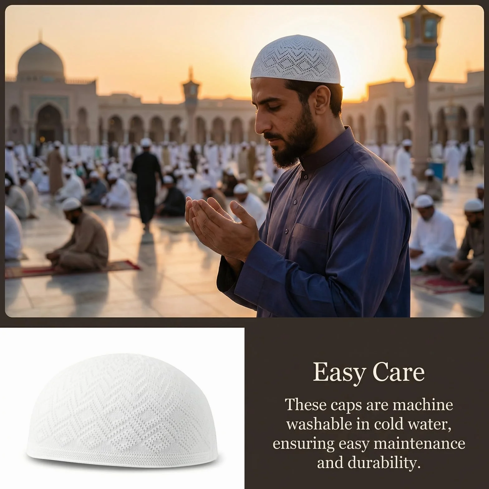 Muzułmańska czapka męska Kufi 3 sztuki bawełna biała obwód głowy 55-59 cm taqiyah Kufi Cap kwadratowy wzór lekka oddychająca