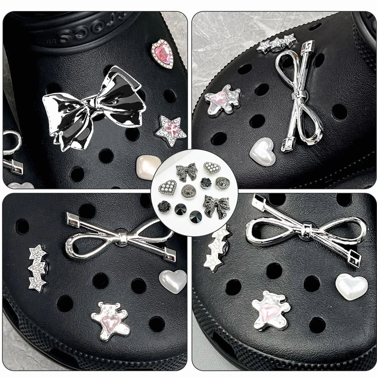 Crocs przypinki, przypinki do butów crocs, kokardka sznurówki charmy, odpinane zawieszki do butów, Crocs Pins dla dziewcząt, kobiet i dorosłych, dwa style: srebrny i czarny
