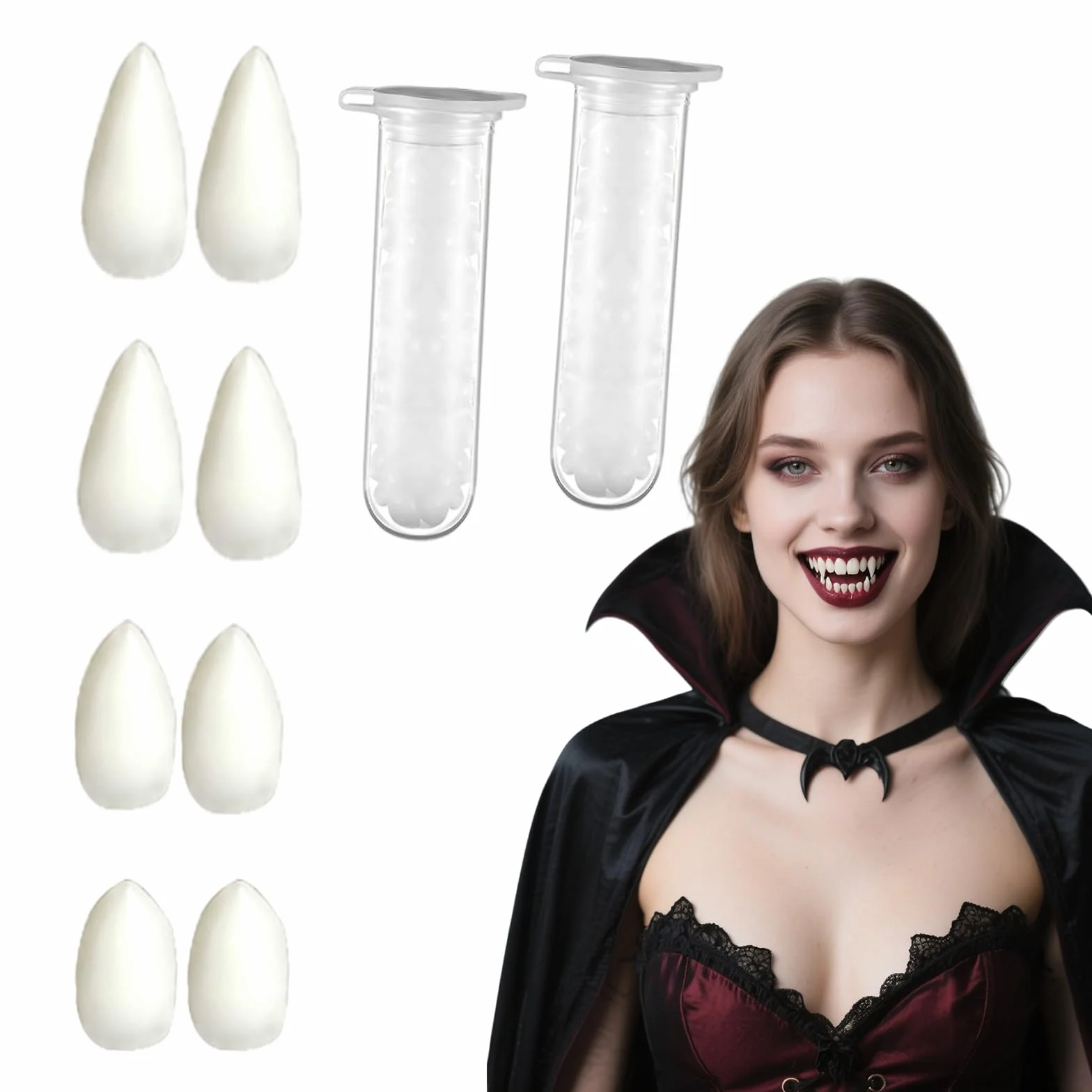 4 pary zębów wampira, Halloween sztuczne zęby wampira, protezy zębowe z klejem w granulkach, 4 rozmiary kłów dla demonów Cosplay, rekwizyty na Halloween, imprezę, kostium