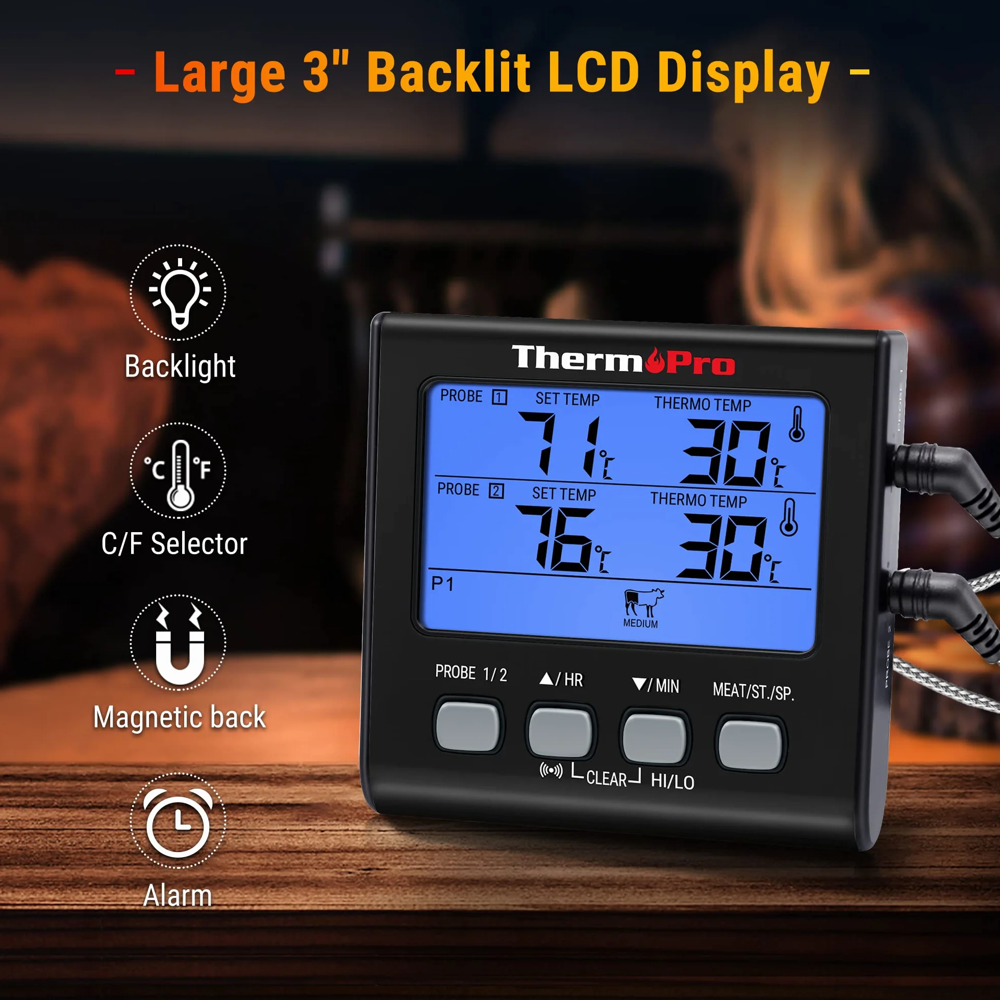 ThermoPro TP17B cyfrowy termometr do mięsa z podwójnymi sondami temperatury i dużym podświetleniem LCD