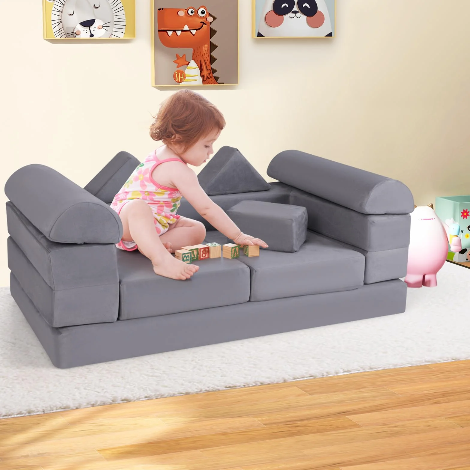 COSTWAY Modułowa sofa dziecięca 9-częściowa z pianki zamszowa szara