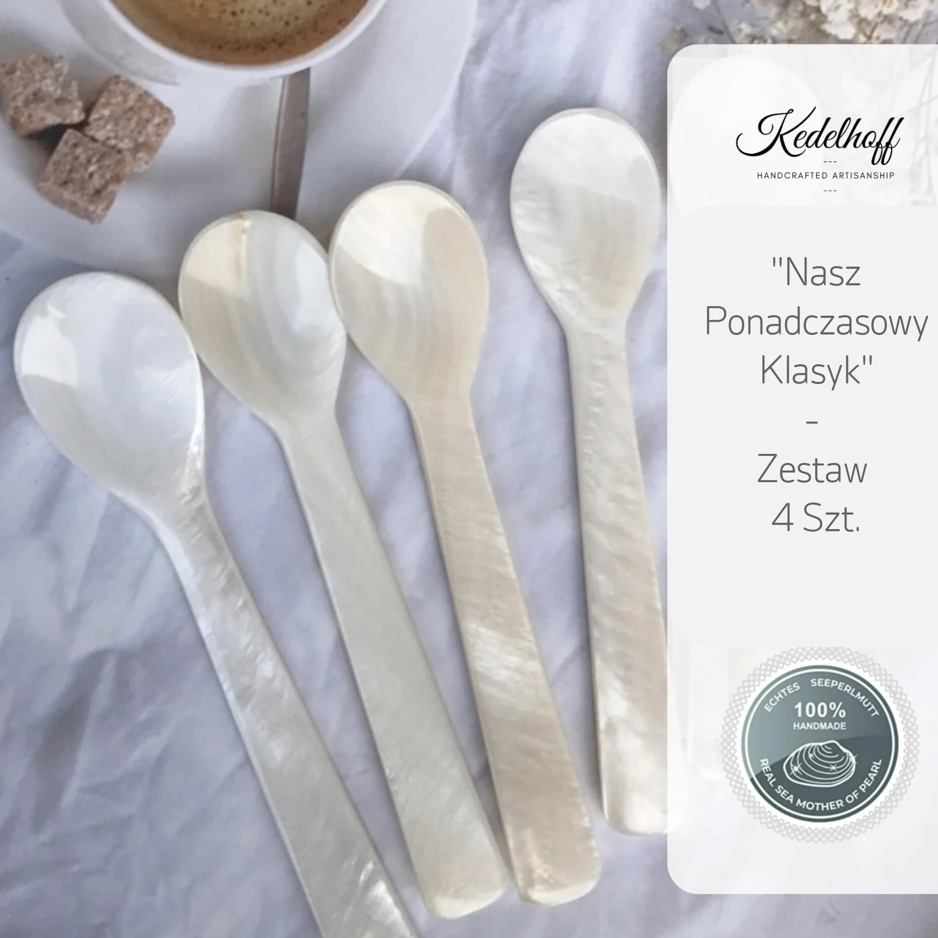 Prawdziwe łyżki z perłowej masy I łyżki do kawioru wykonane ręcznie I łyżki do jajek z perłowej masy (naturalne), ok. 12 cm I W zestawie 4 szt