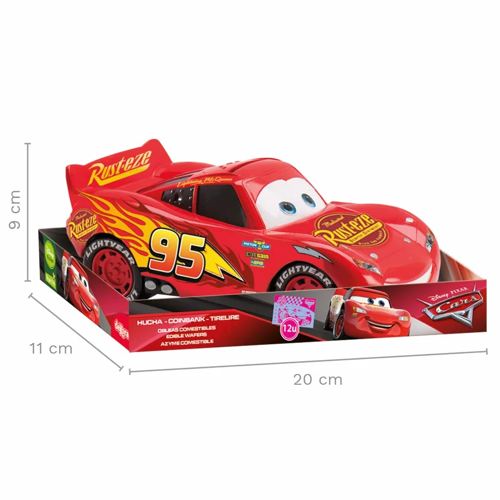 dekora – Skarbonka dla dzieci Cars – plastikowa skarbonka z 12 jadalnymi banknotami z opłatka – 20 cm – trwała i bezpieczna – idealny prezent dla chłopców