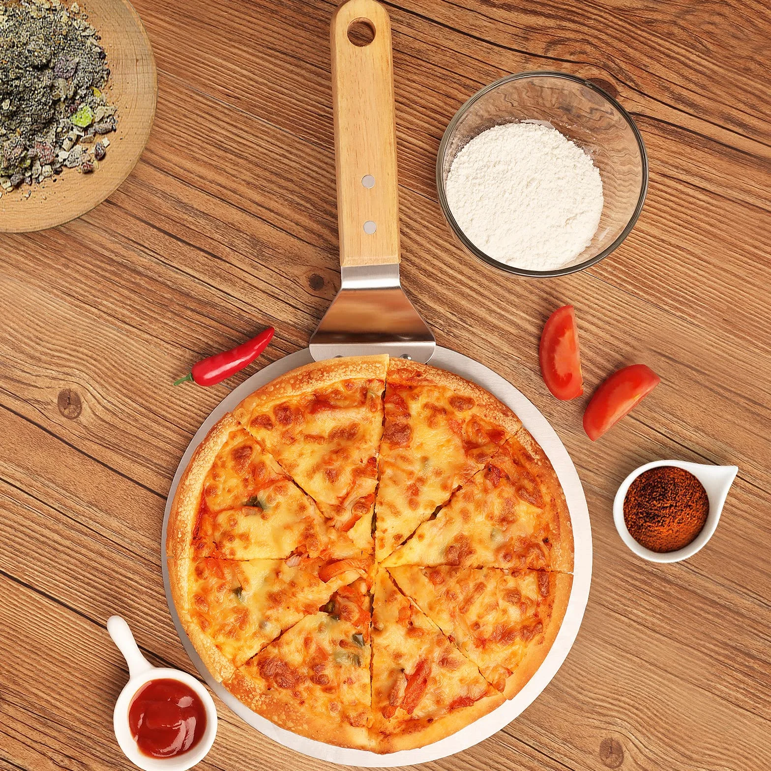 Asdirne Łopata do Pizzy 10 cali, okrągła paleta ze stali nierdzewnej z drewnianym uchwytem