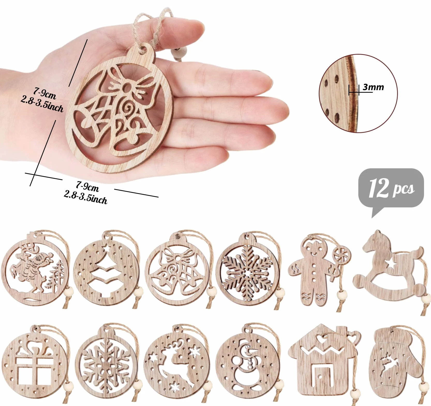 Drewniane zawieszki bożonarodzeniowe w 12 stylach drewnianych płatków śniegu, ozdoby choinkowe z liną jutową, drewniane ozdoby choinkowe do dekoracji i zawieszki choinkowe w drewnianym pudełku (7-9 cm)
