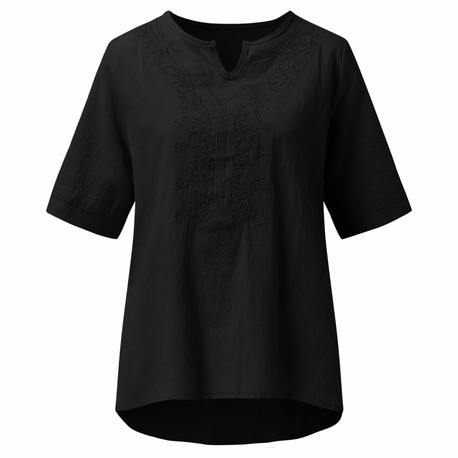 Letnie damskie lniane topy damskie letnia bluzka damska haft z krótkim rękawem jednolity kolor luźna tunika do noszenia z legginsami dekolt w serek eleganckie topy