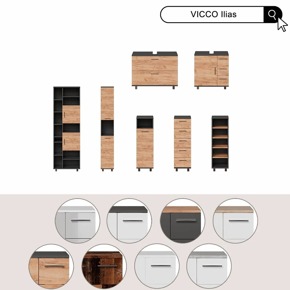 Vicco Szafka pod umywalkę "Ilias", Antracyt/złoty dąb, 60 x 60.8 cm z drzwiami i 3 szufladami