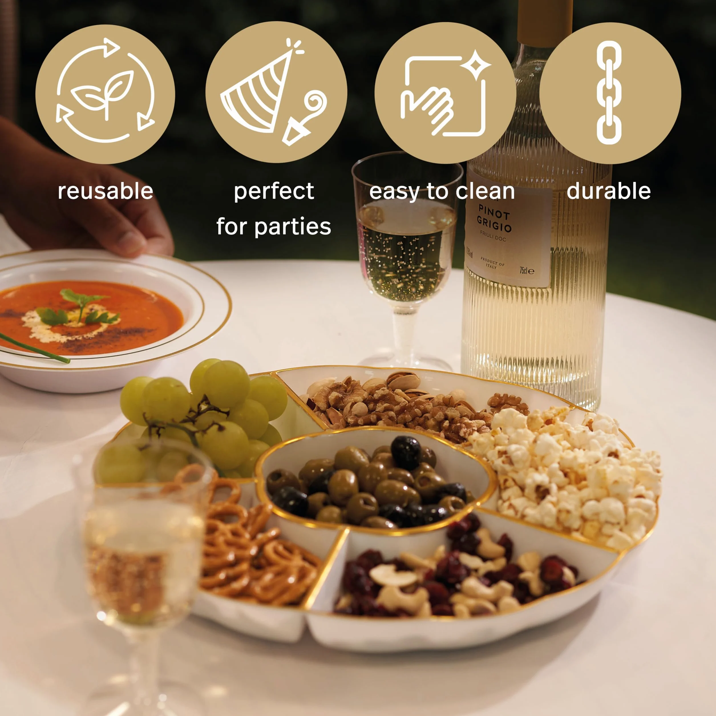 Pack of 5 Round Compartment Trays with 6 Sections, Reusable Party Platters 12'' (30 cm)