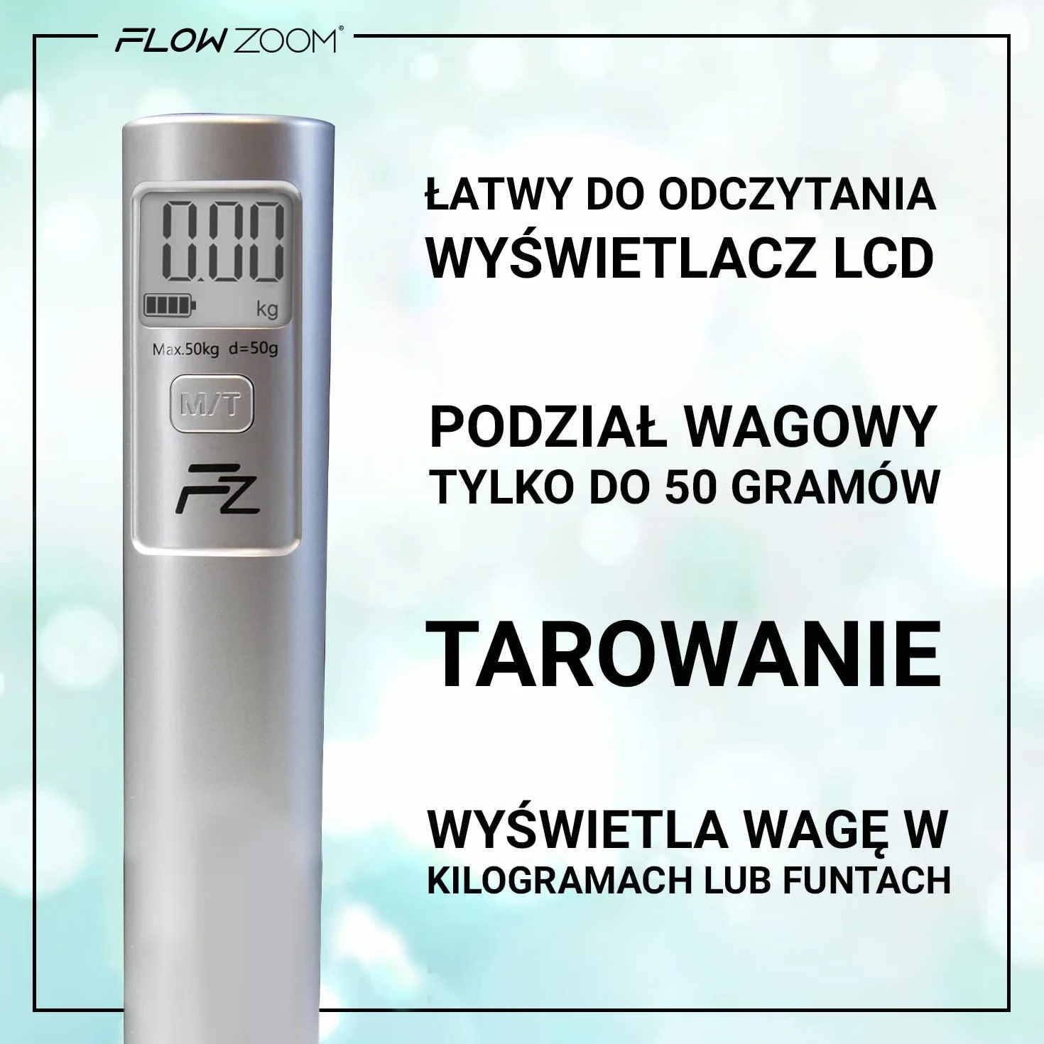 FLOWZOOM Waga Bagażowa Elektroniczna | Przenośna Podróżna Waga Wisząca z Torbą do Przenoszenia i Funkcją TARE | Walizkowa SHAKEE, Srebrny