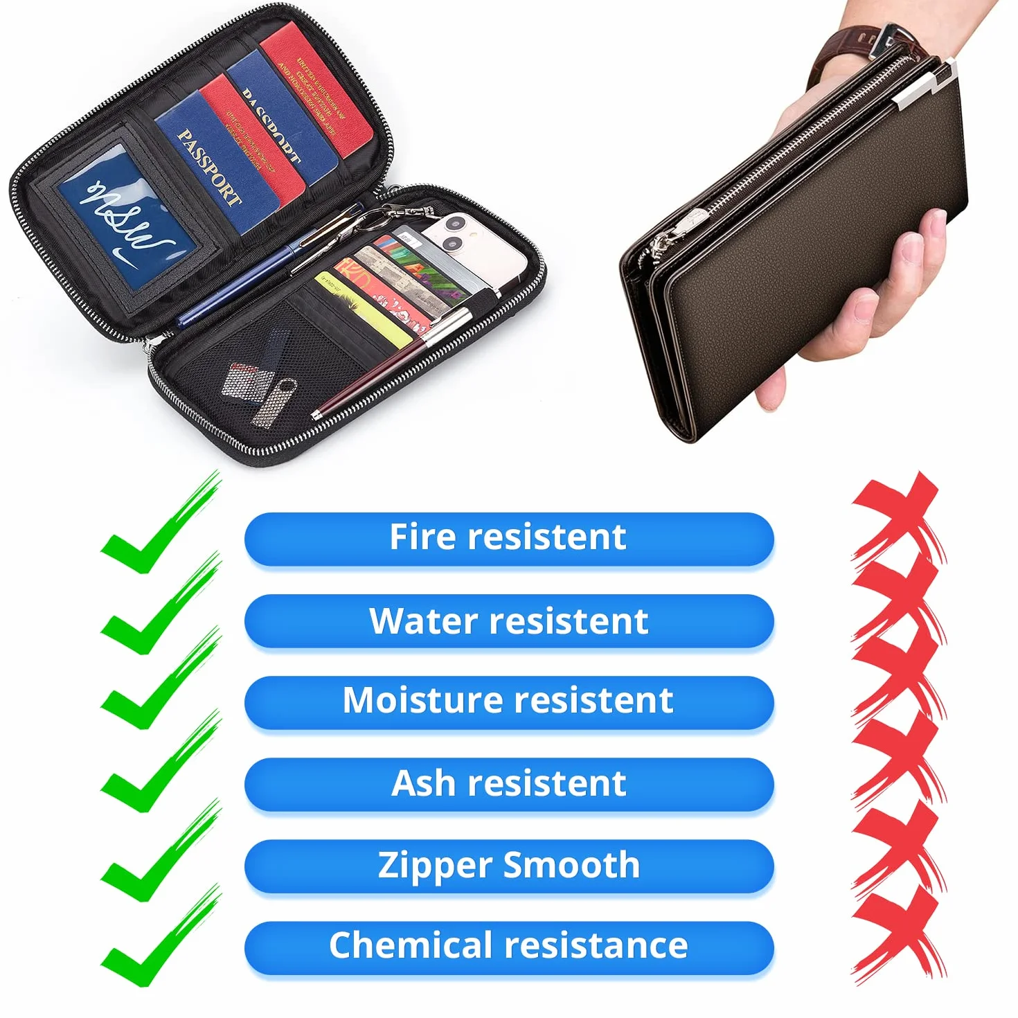 ruboka Ognioodporne etui na paszport blokujący RFID (10,9 x 21,8 cm), rodzinne etui na paszport, wodoszczelne, organizer na dokumenty podróżne, kopertówka dla mężczyzn i kobiet