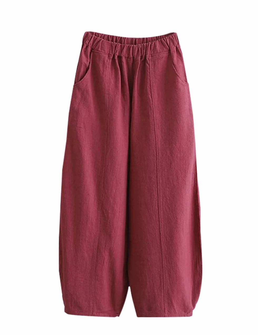 NFYM Bawełniane lniane spodnie dla kobiet latarnia stożkowa elastyczna talia relaks dopasowanie luźne spodnie, czerwony (wine red), M