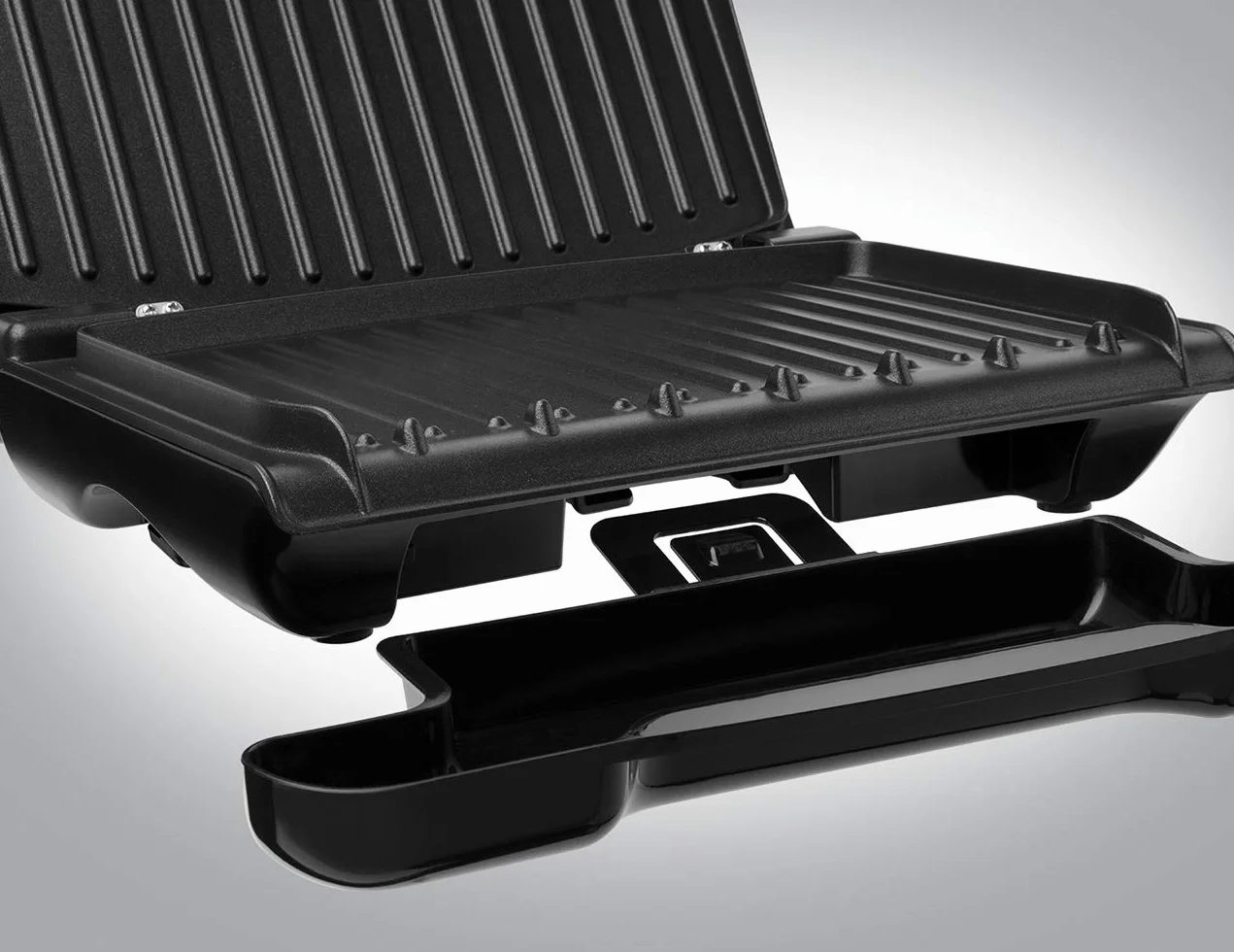George Foreman grill elektryczny, redukujący ilość tłuszczu, wyjmowane płyty z powłoką nieprzywierającą, ruchome zawiasy, moc 1200W, czerwony, Steel Compact 25030-56