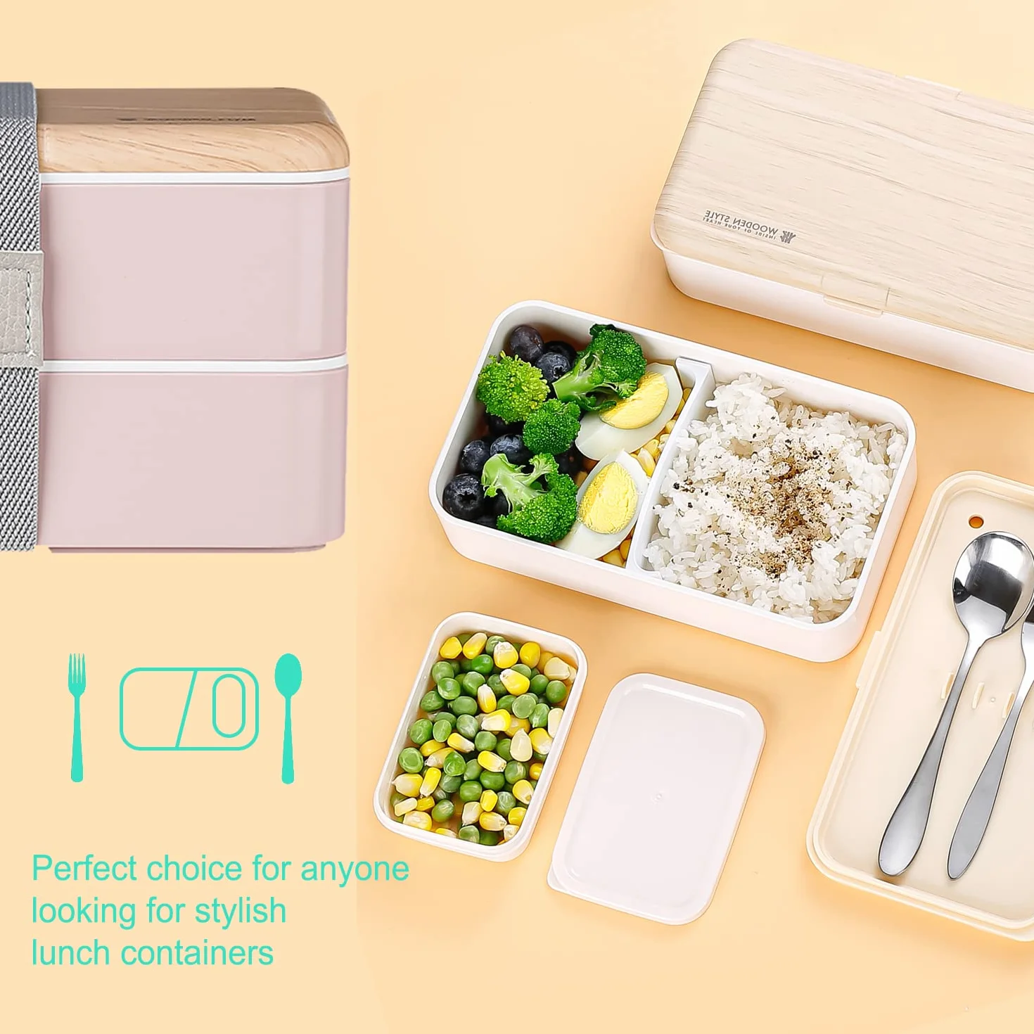 Binoster oryginalny pojemnik na żywność bento, lunchbox, w stylu japońskim, z taśmą i podziałką, łyżka i widelec ze stali nierdzewnej, kolor różowy