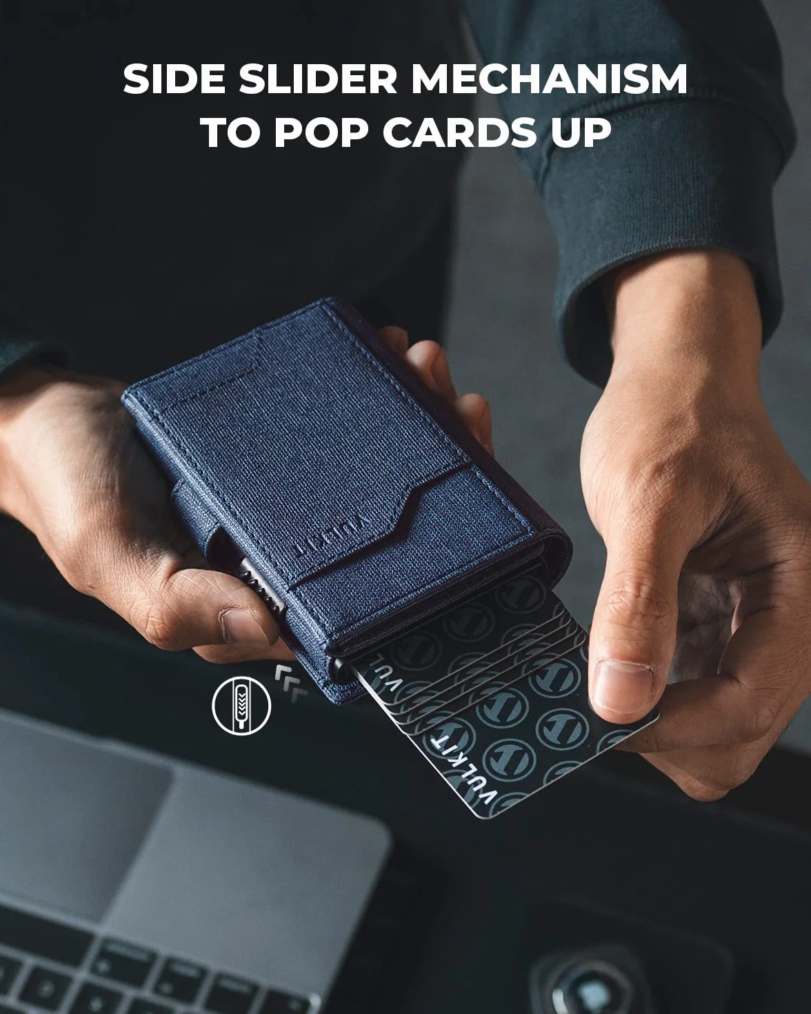 VULKIT Portfel Airtag Męskie Etui na Karty Kredytowe z Blokadą RFID z Przegródką na Banknoty Wysuwany Portfel z Wyjmowanym Uchwytem na Brelok do Kluczy Kompatybilny z AirTag, Niebieski
