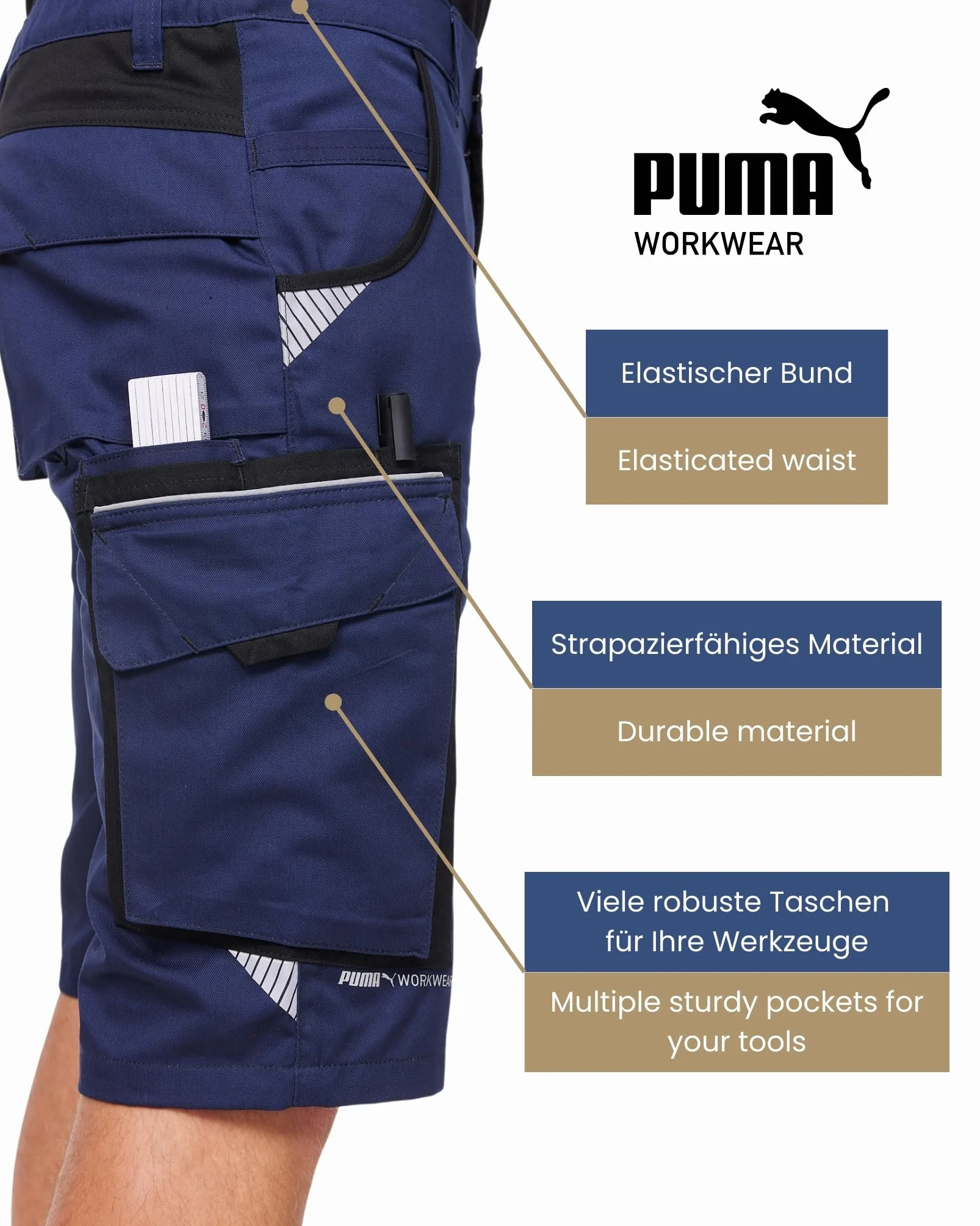 PUMA WORK WEAR Szorty robocze premium z wieloma kieszeniami i wzmocnionym materiałem