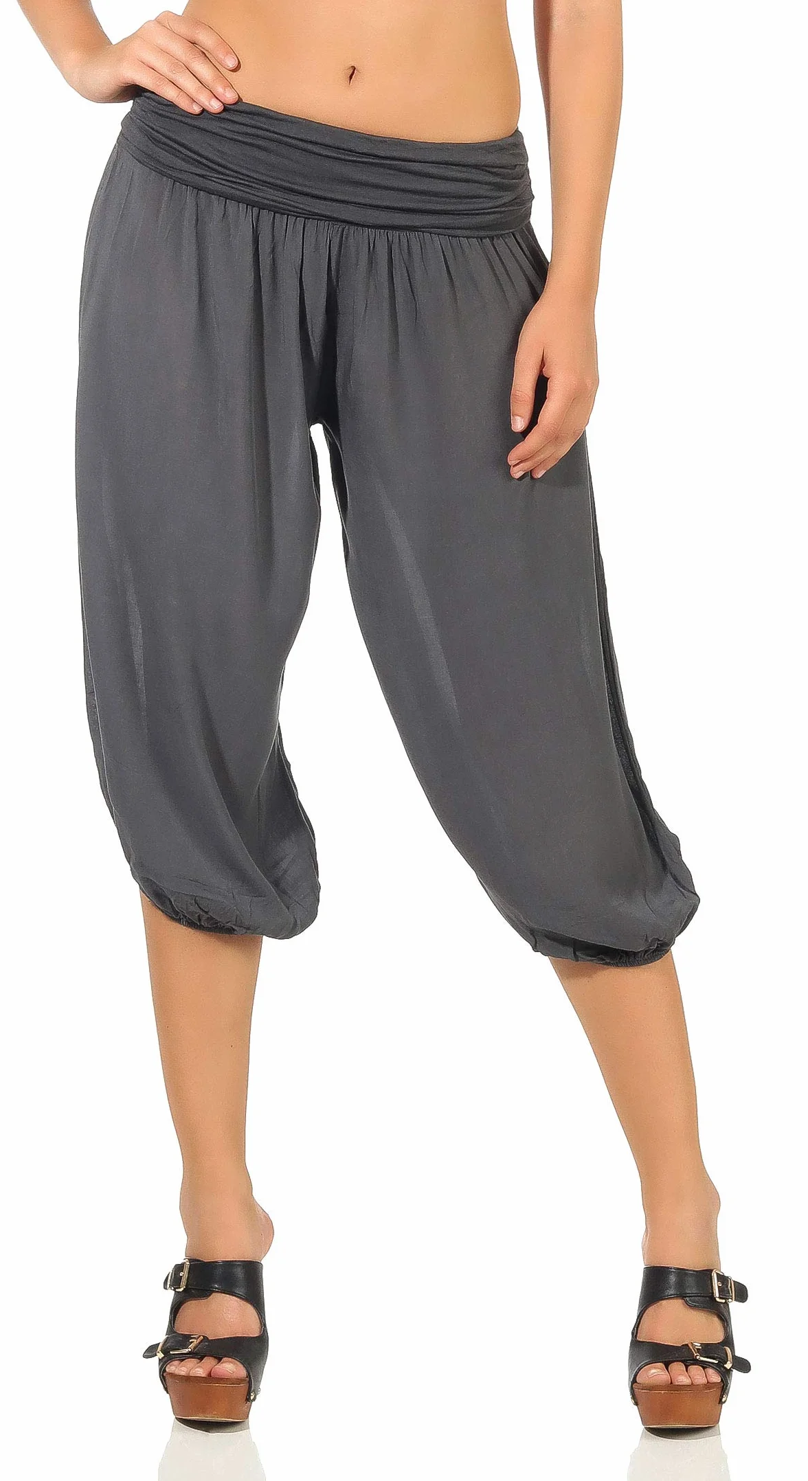 Malito – damskie spodnie haremki – czółenka z bawełny – krótkie spodnie materiałowe na lato – spodnie pluder Capri do tańca, relaksu i jogi – spodnie do kolan 1483 (OneSize XS-XL)