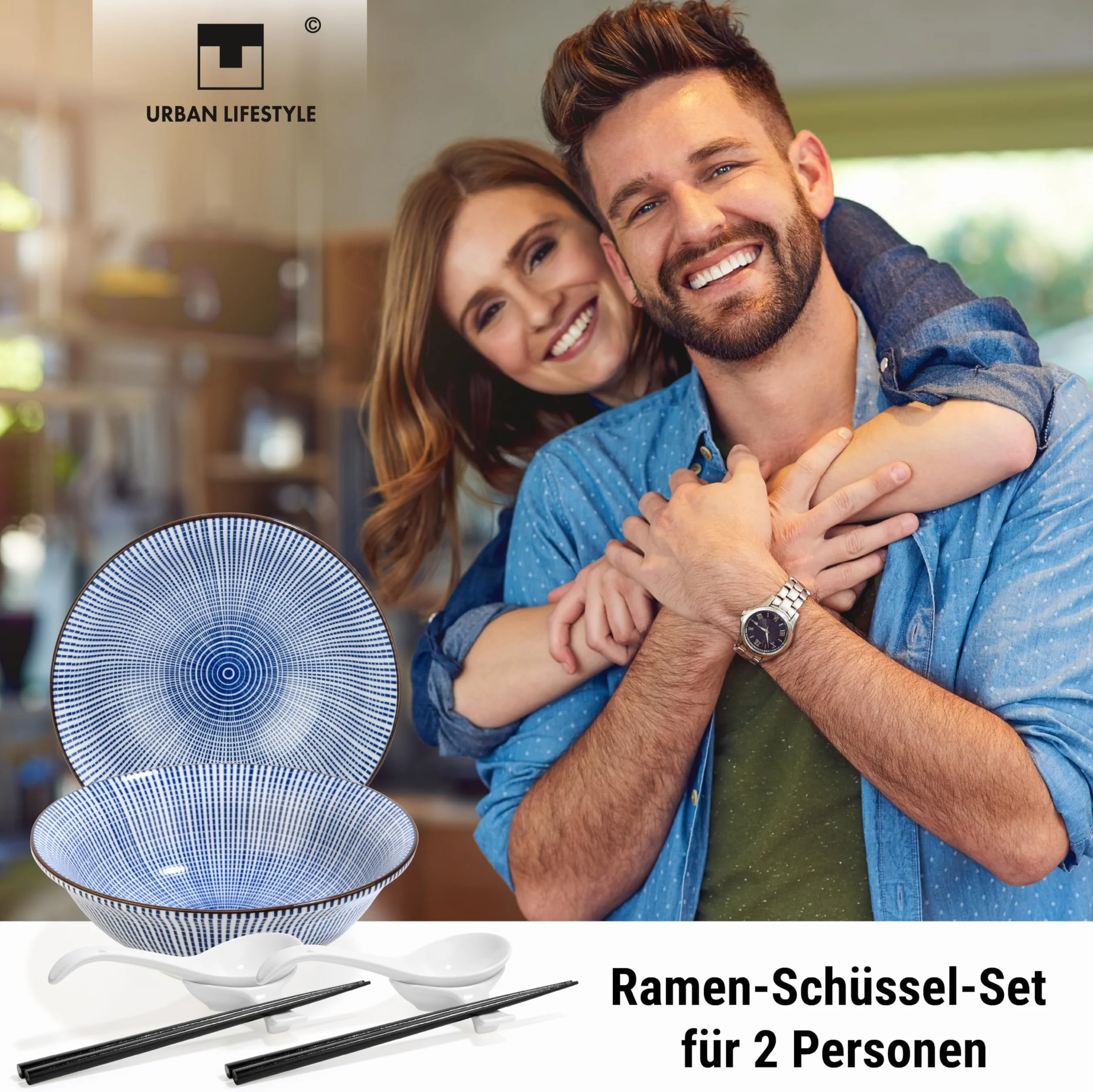 Urban Lifestyle Zestaw Misek do Ramen dla 2 Osób TOKUSA Azjatycka Zastawa z Porcelany Ø 20,5 cm 1000 ml z Łyżkami do Ramen, Miseczkami na Sos i Pałeczkami, Styl Japoński