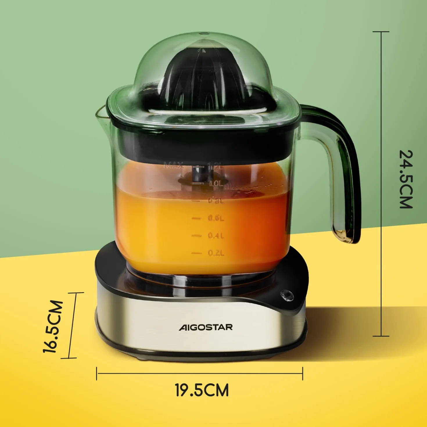 Aigostar Elektryczna Wyciskarka do Cytrusów 40W Dwa Stożki | do Cytryn Pomarańczy Grapefrutów Limonki | Pojemność 1200ml Praktyczne Sitko Dwustronna Rrotacja.