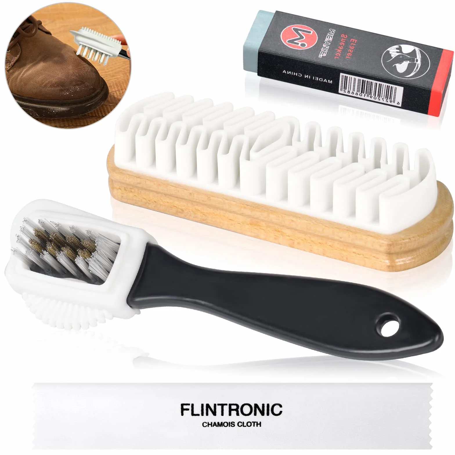 Flintronic Zestaw szczotek do butów zamszowych, szczotka do zamszu z gumowym czyścikiem, 4-stronna szczotka do nubuku i zamszu do czyszczenia, zestaw do czyszczenia zamszu i nubuku