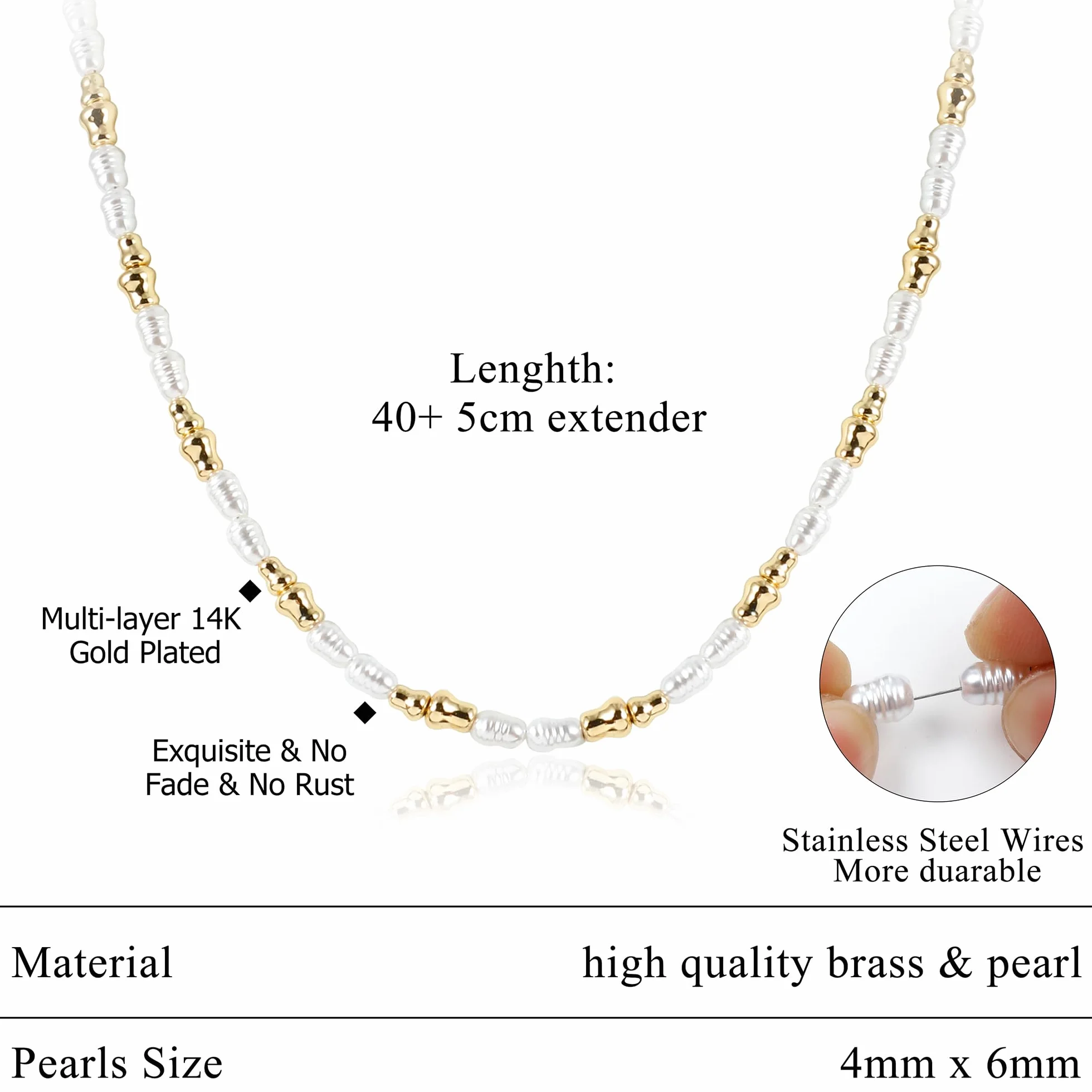 Dochais Naszyjnik damski z perłami, złoty srebrny naszyjnik z nieregularnymi perłami, 4 x 6 mm, dla dziewcząt, biała perła, choker na wesele, taniec, zakończenie szkoły, prezent dla panny młodej