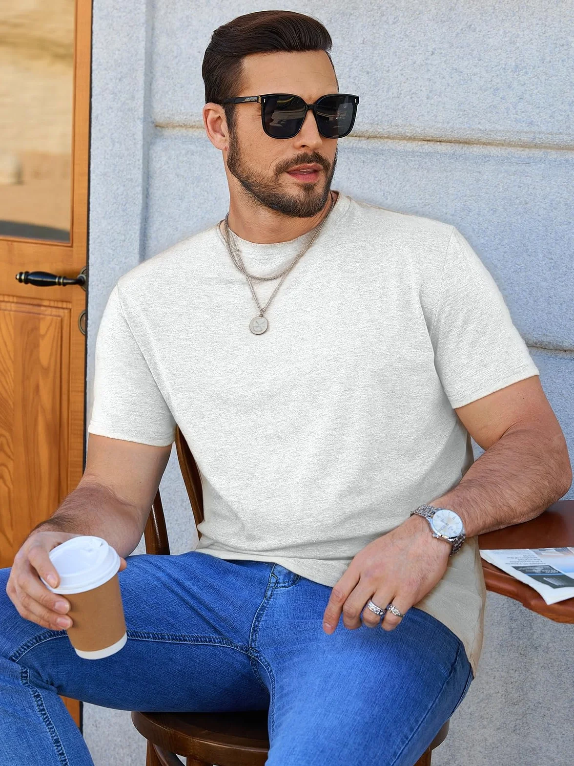 Runcati Męski T-shirt z krótkim rękawem, okrągły dekolt, na lato, slim fit, lekka koszulka treningowa, basic, jednokolorowa, biznesowa