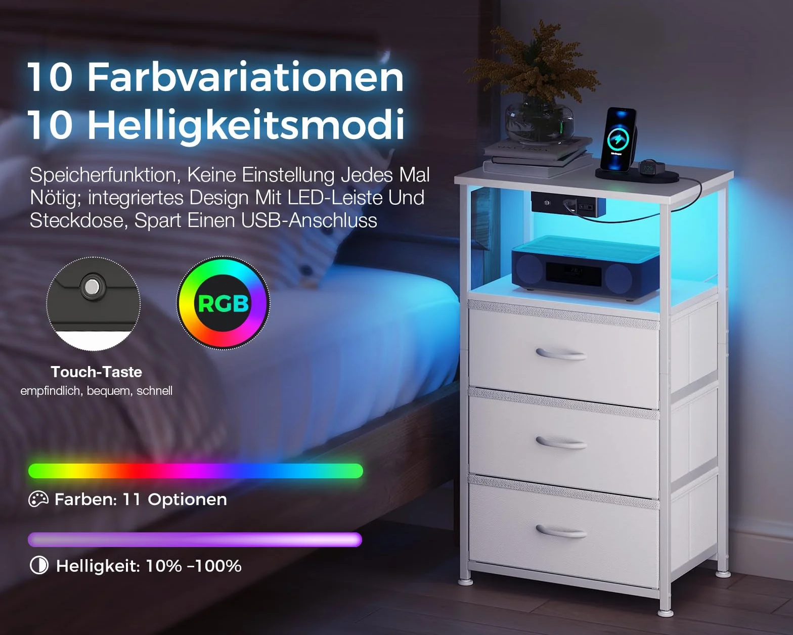 Coleshome Stolik nocny biały z gniazdkiem, USB i LED, 3 szuflady, 40x30x70 cm
