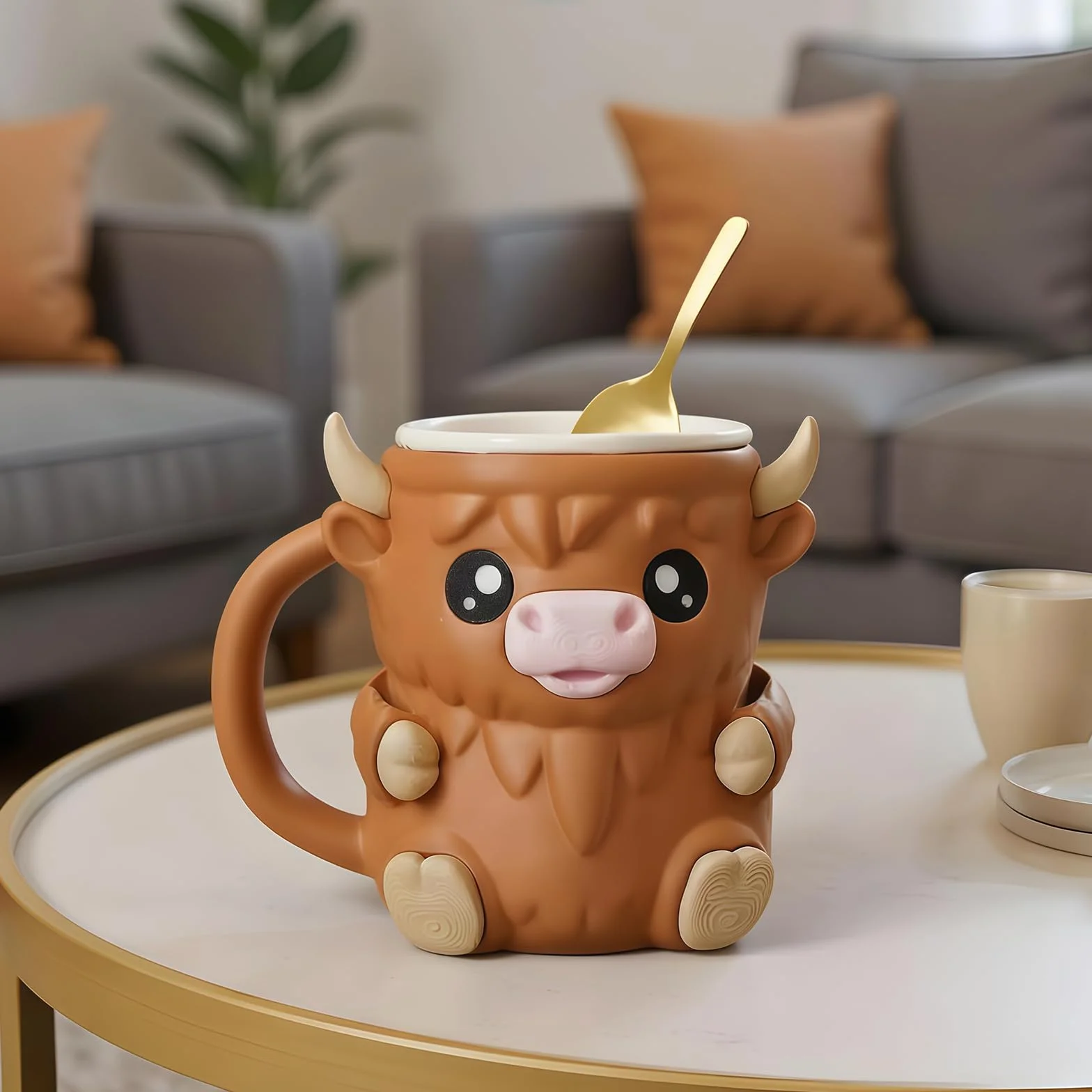 Yamobi Cute Highland Cow Ice Pint Holder, uchwyt na pintę lodu z łyżeczką, 473 ml zapobiegający zamarzaniu rąk kubek na lody z otworem na łyżkę, tajna szuflada na przekąski