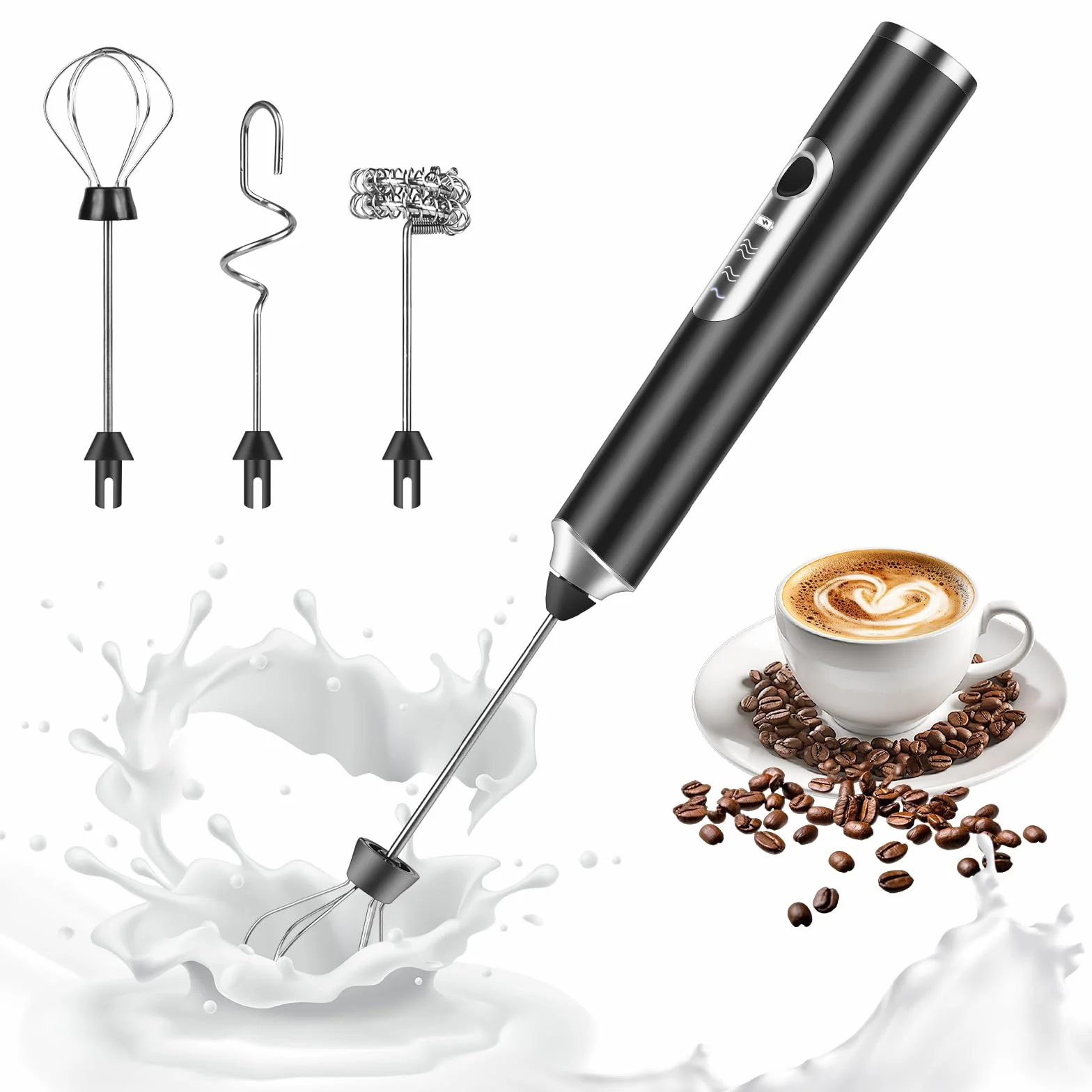 Weinsamkeit Rechargeable USB Milk Frother, elektryczne mleko Frother z 3 głowicami rurkowymi, regulowany mini whisk z 3 prędkościami, mini elektryczne jajka Whisk do kawy, Matcha, Latte, Cappuccino