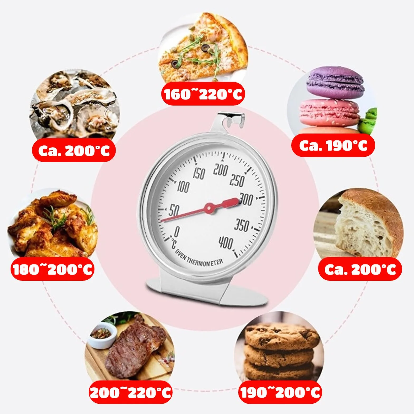Greensen Termometr kuchenny z dużą tarczą, stal nierdzewna, wyświetlacz analogowy, 0-400°C, termometr do piekarnika i grilla, Srebrny, Klasyczny