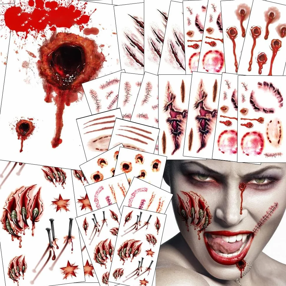 Sporgo Tatuaże na Halloween: 24 arkusze tymczasowych tatuaży, zombie, blizny, naklejki, rany, krew, zadrapania, do kostiumu, makijażu, imprezy, rekwizyty