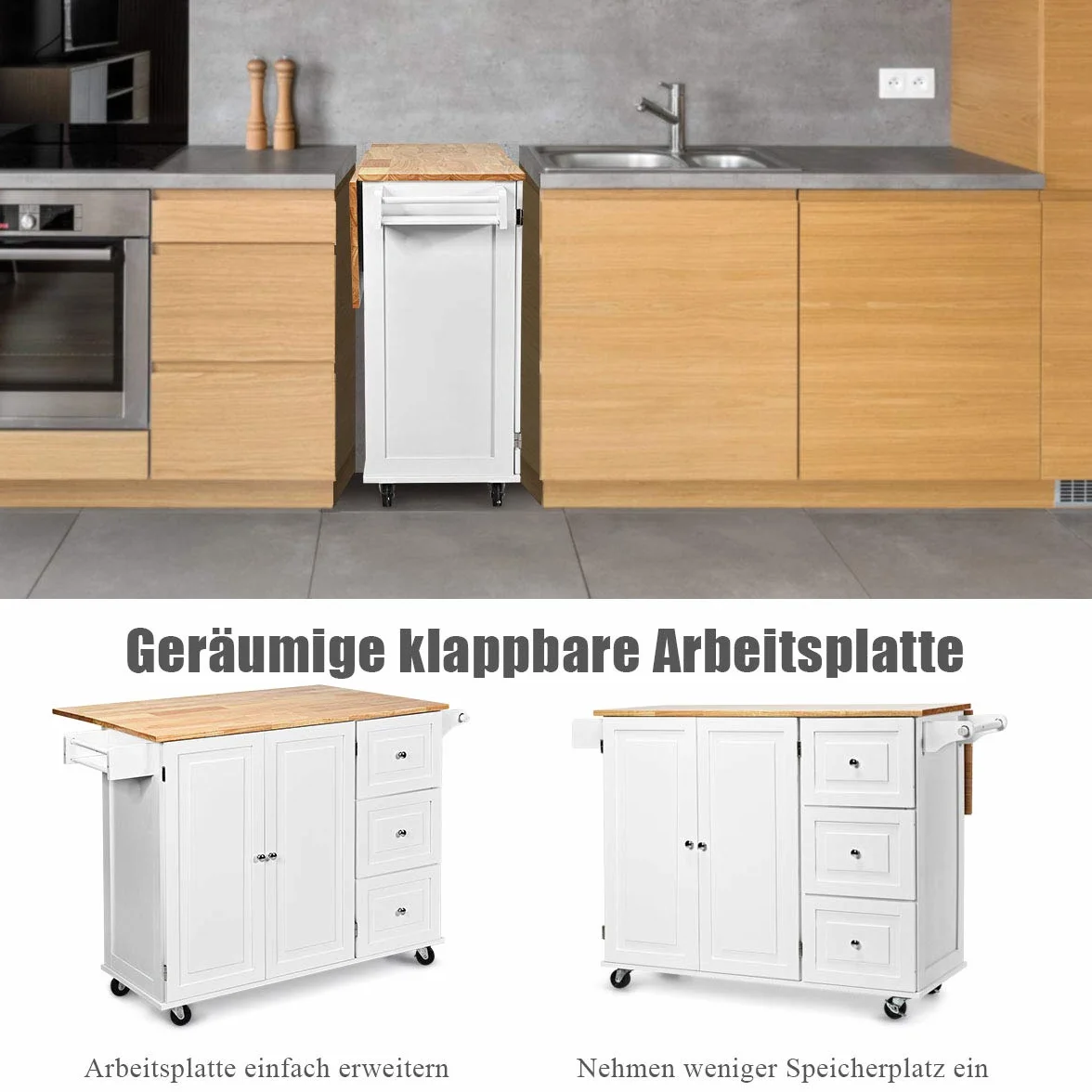 COSTWAY Wózek kuchenny na kółkach 136 x 76 x 91, wyspa kuchenna z drewna