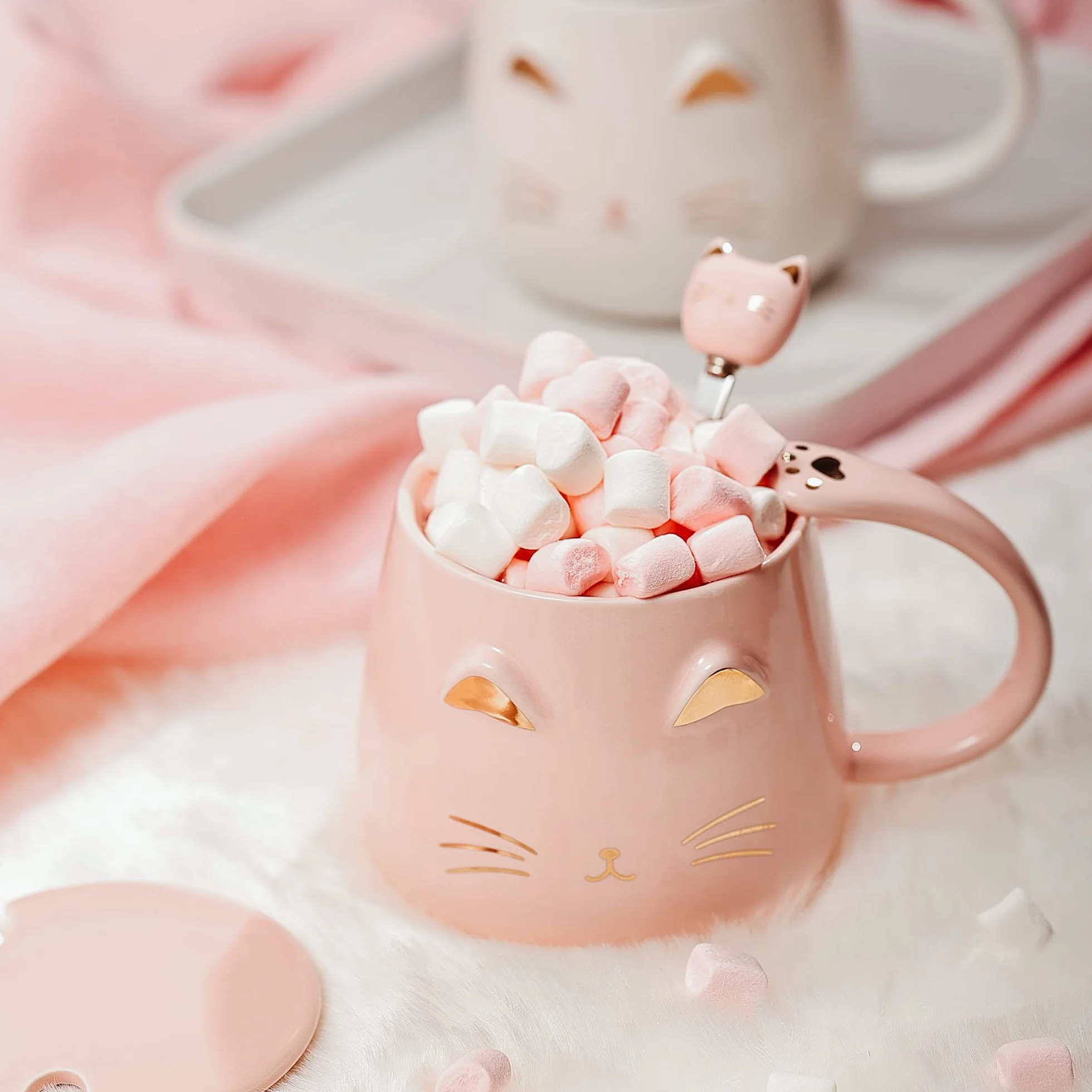 SHENDONG ceramiczny kubek z kotem Kawaii z pokrywką i łyżką ze stali nierdzewnej