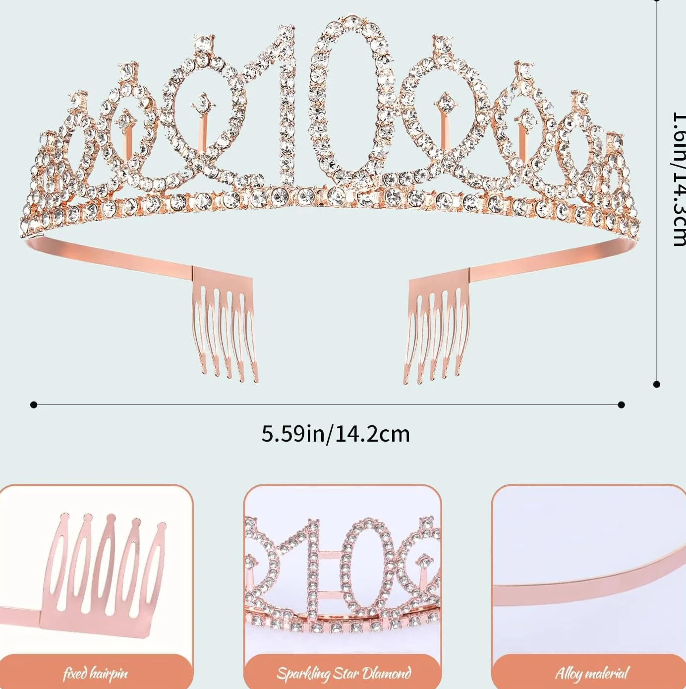 Zestaw tiara i szarfa dla dziewcząt na 10. urodziny – korona ze strasu w kolorze różowego złota i brokatowa szarfa "It's My 10th Birthday", regulowane dekoracje urodzinowe księżniczki, upominki na