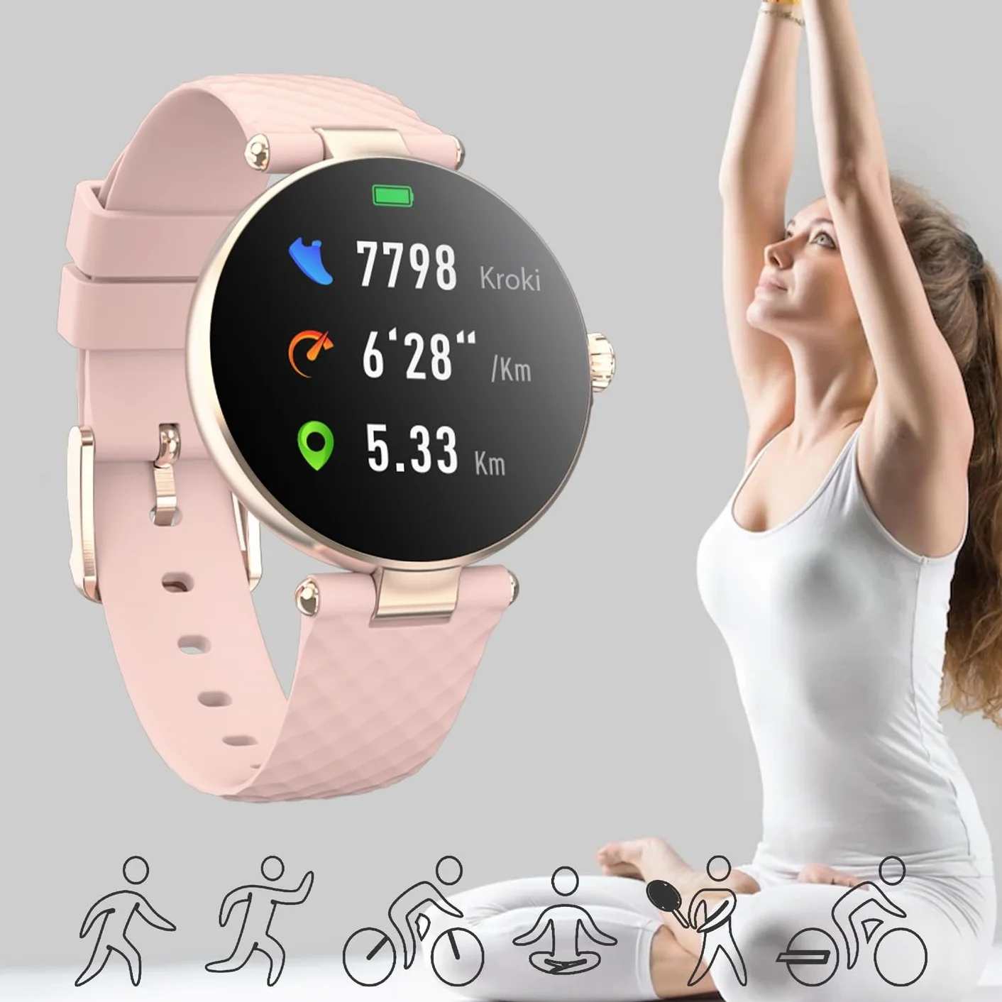 Forever Damski smartwatch ForeVive Petite SB-305 różowy, zegarek na rękę Bluetooth, sterowanie muzyką, krokomierz, pulsometr, wodoodporny IP68, elegancki zegarek fitness