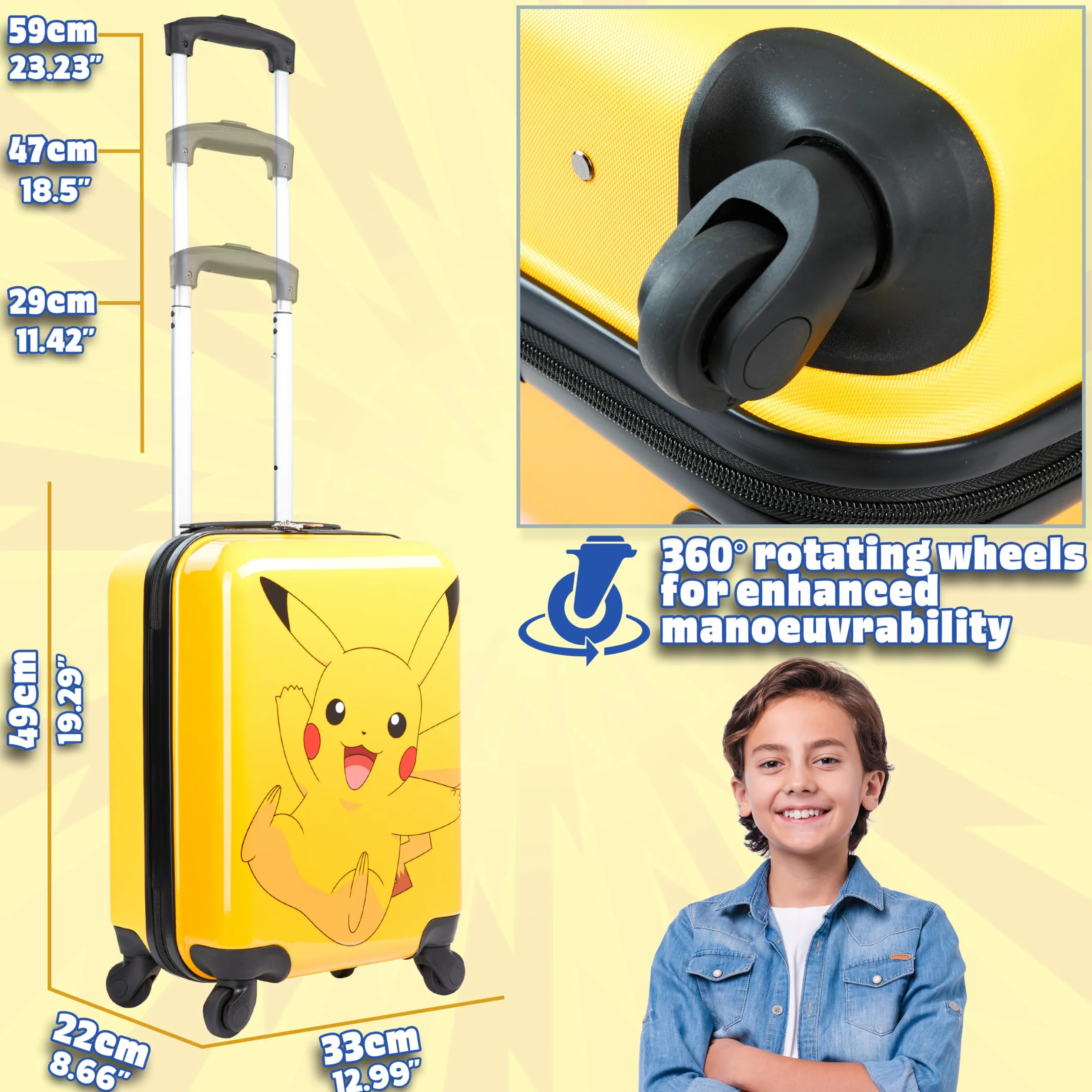 Pokémon Walizka dla dzieci z kółkami torba bagażowa dla chłopców i dziewcząt nosi torbę podróżną z rękojeścią małą walizką z kółkami Kids Essentials Jeden Rozmiar Żółty