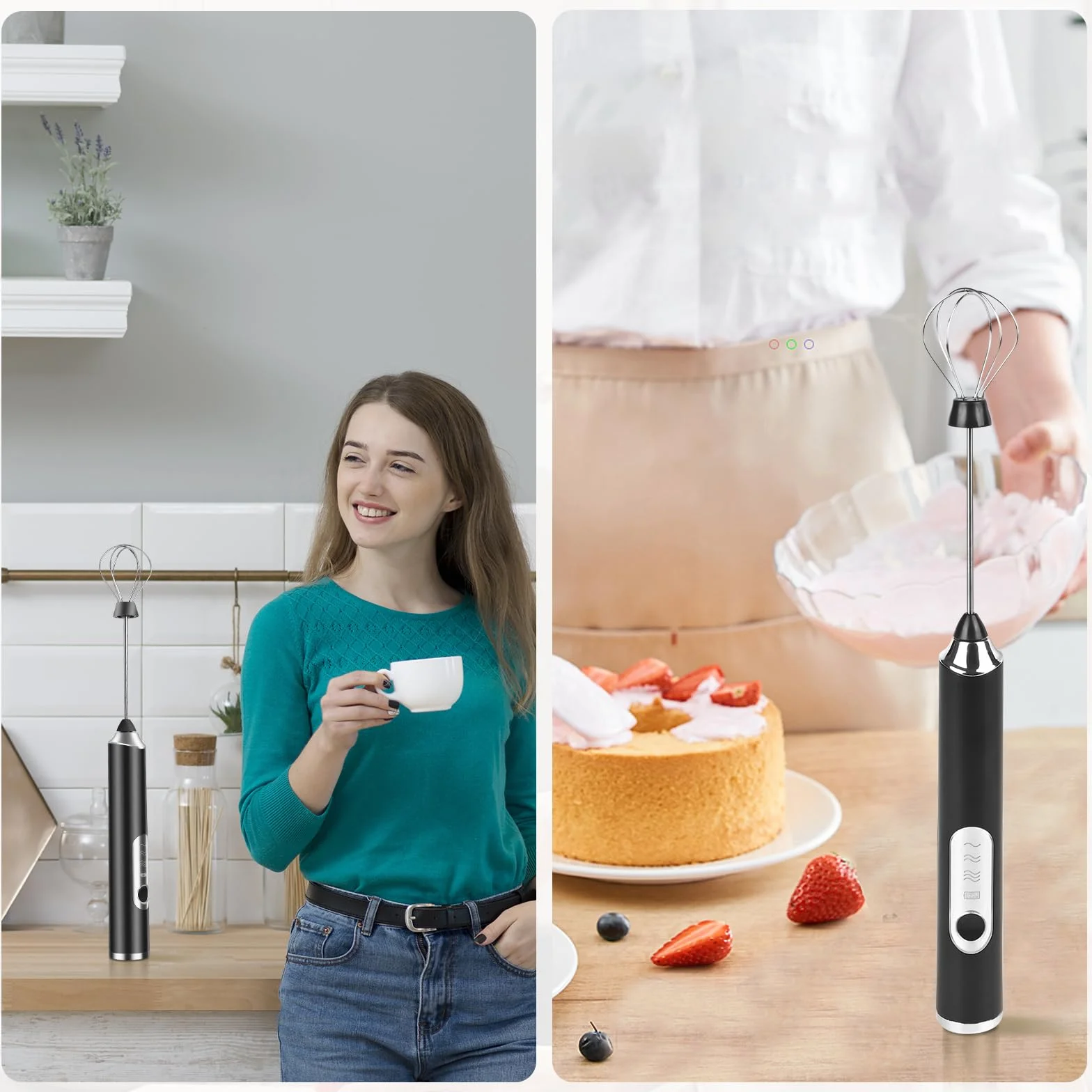 Weinsamkeit Rechargeable USB Milk Frother, elektryczne mleko Frother z 3 głowicami rurkowymi, regulowany mini whisk z 3 prędkościami, mini elektryczne jajka Whisk do kawy, Matcha, Latte, Cappuccino