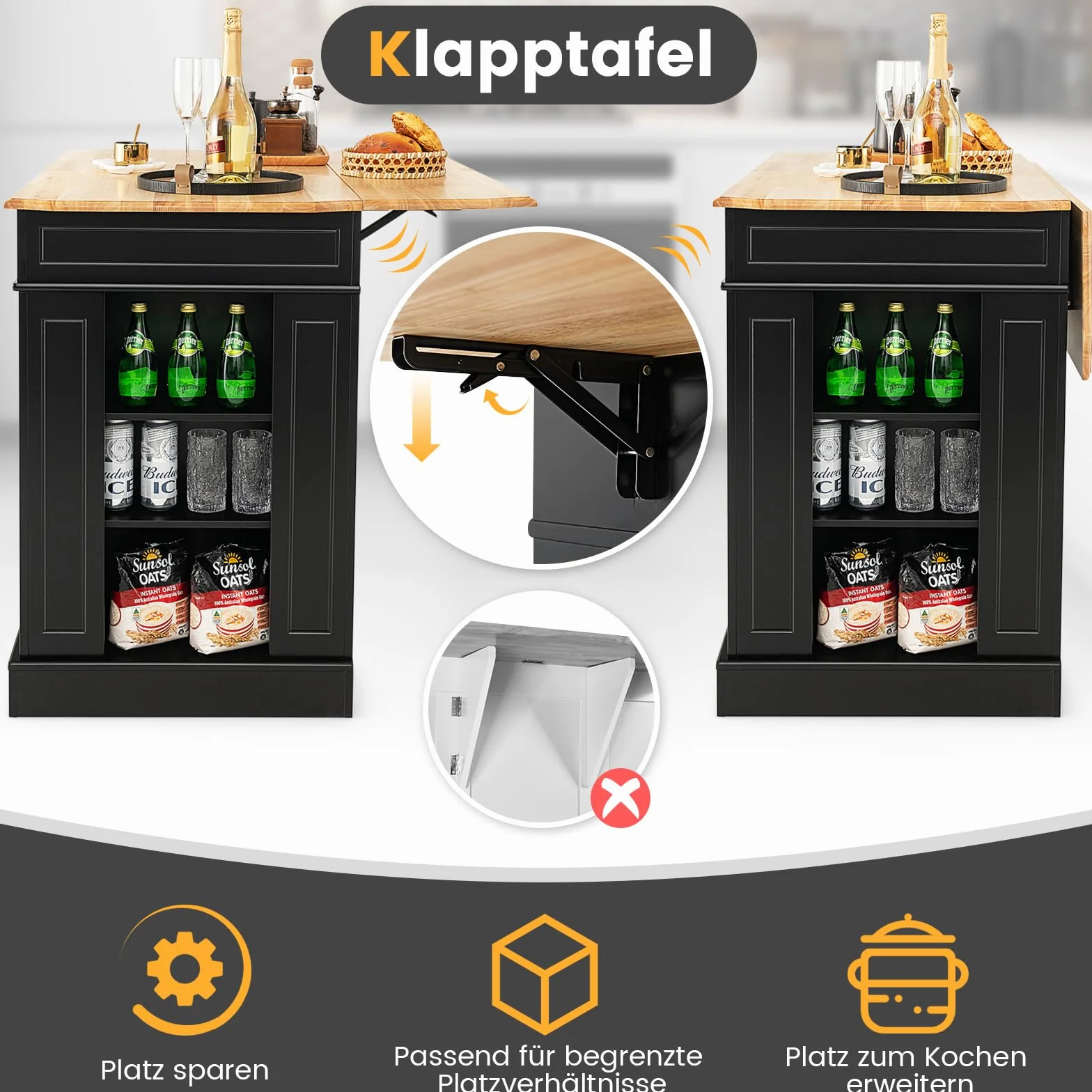 COSTWAY Wyspa kuchenna z rozszerzalnym blatem roboczym, szafka z szufladami i półkami, drewno, 120 x 91 x 92 cm, czarna