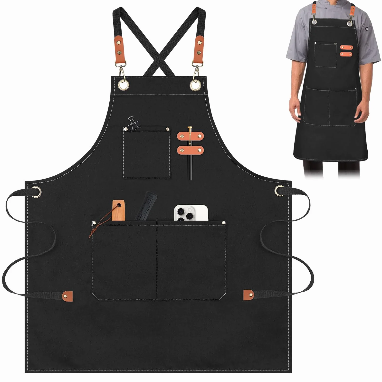 Fartuch kuchenny 68 x 99 cm z regulowanym paskiem 3 kieszenie