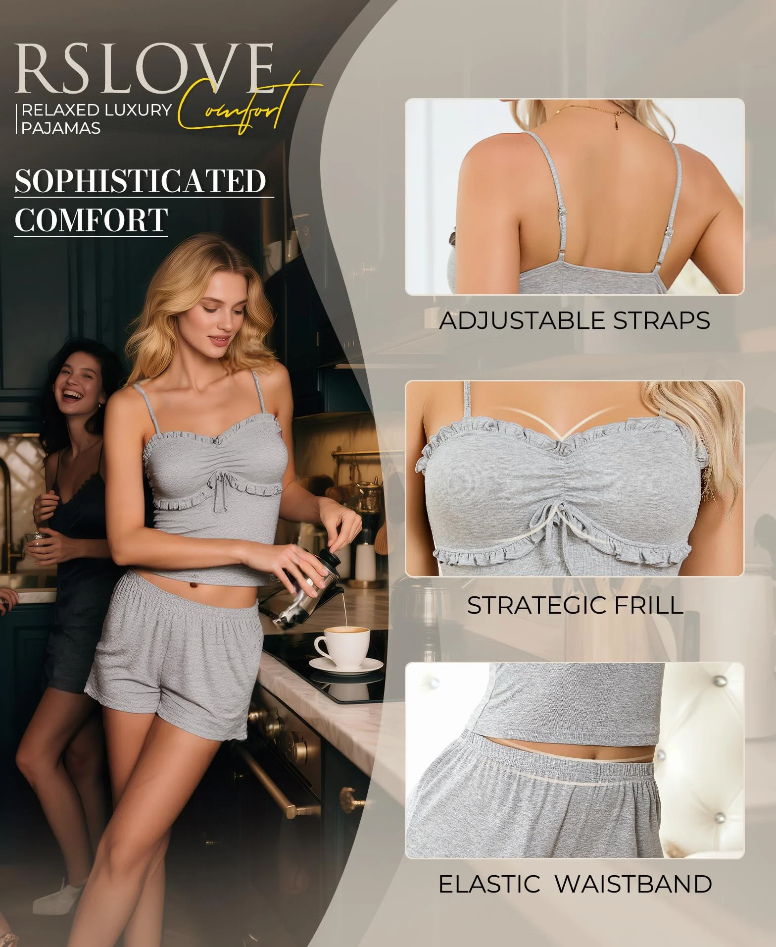 RSLOVE Womens Pajama Set Soft - Dwuczęściowy zestaw PJ z kamizelką i szortami Lekka letnia bielizna nocna Szary S
