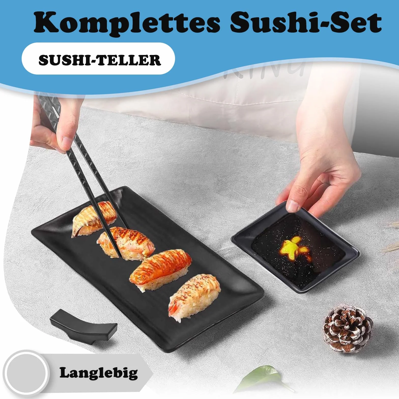 Zestaw 8 japońskich naczyń do sushi, talerze z miseczkami do dipów, 2 pary pałeczek, 2 półki