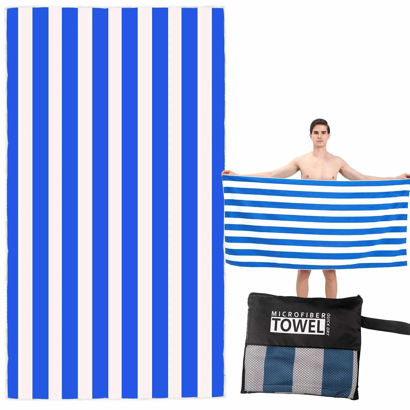 Ręcznik plażowy z mikrofibry 160 x 90 cm dwustronny niebiesko-białe paski