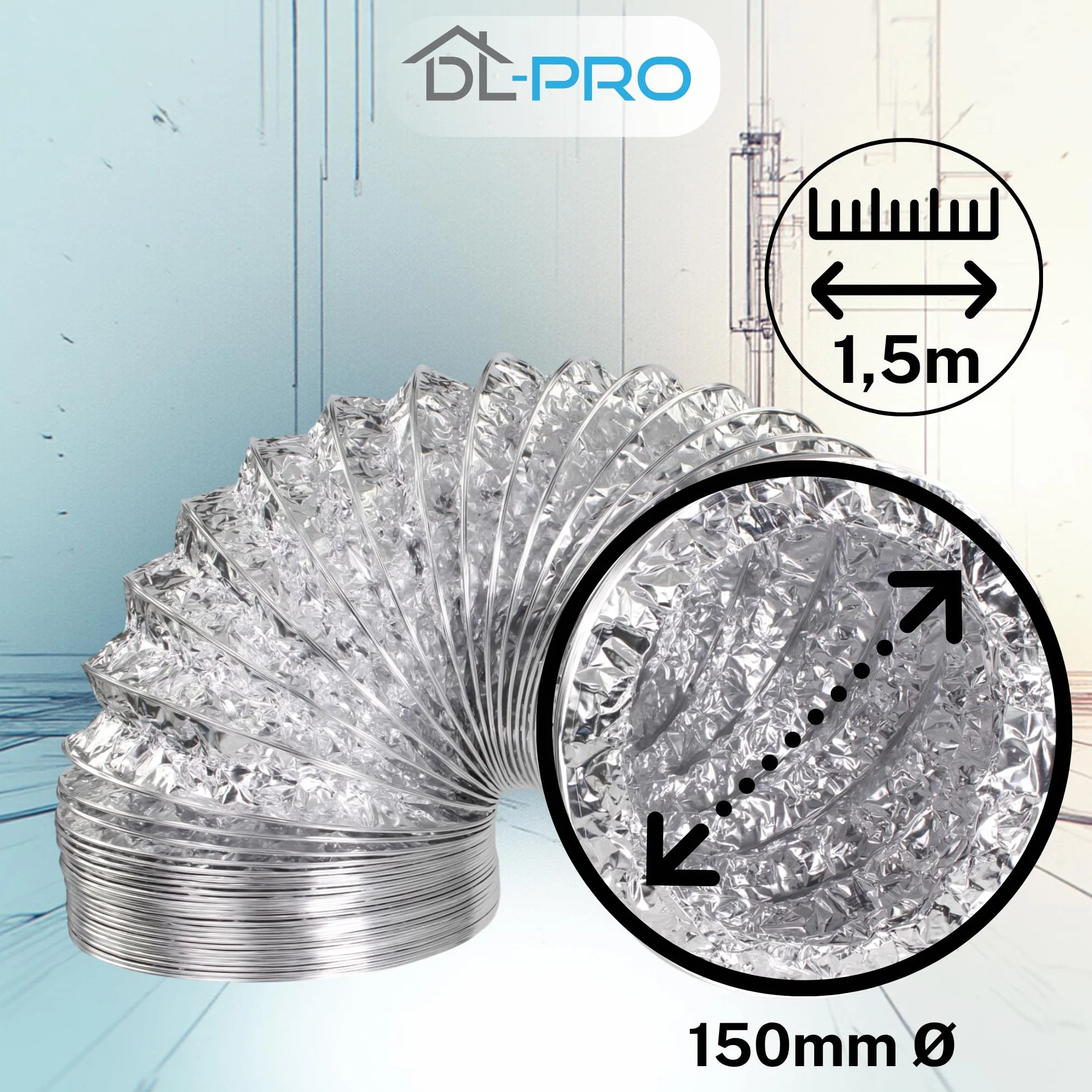 DL-pro Aluminiowy wąż powietrza wylotowego 1,5 m Ø 150/152 mm wentylacyjny do klimatyzacji z zaciskami W4