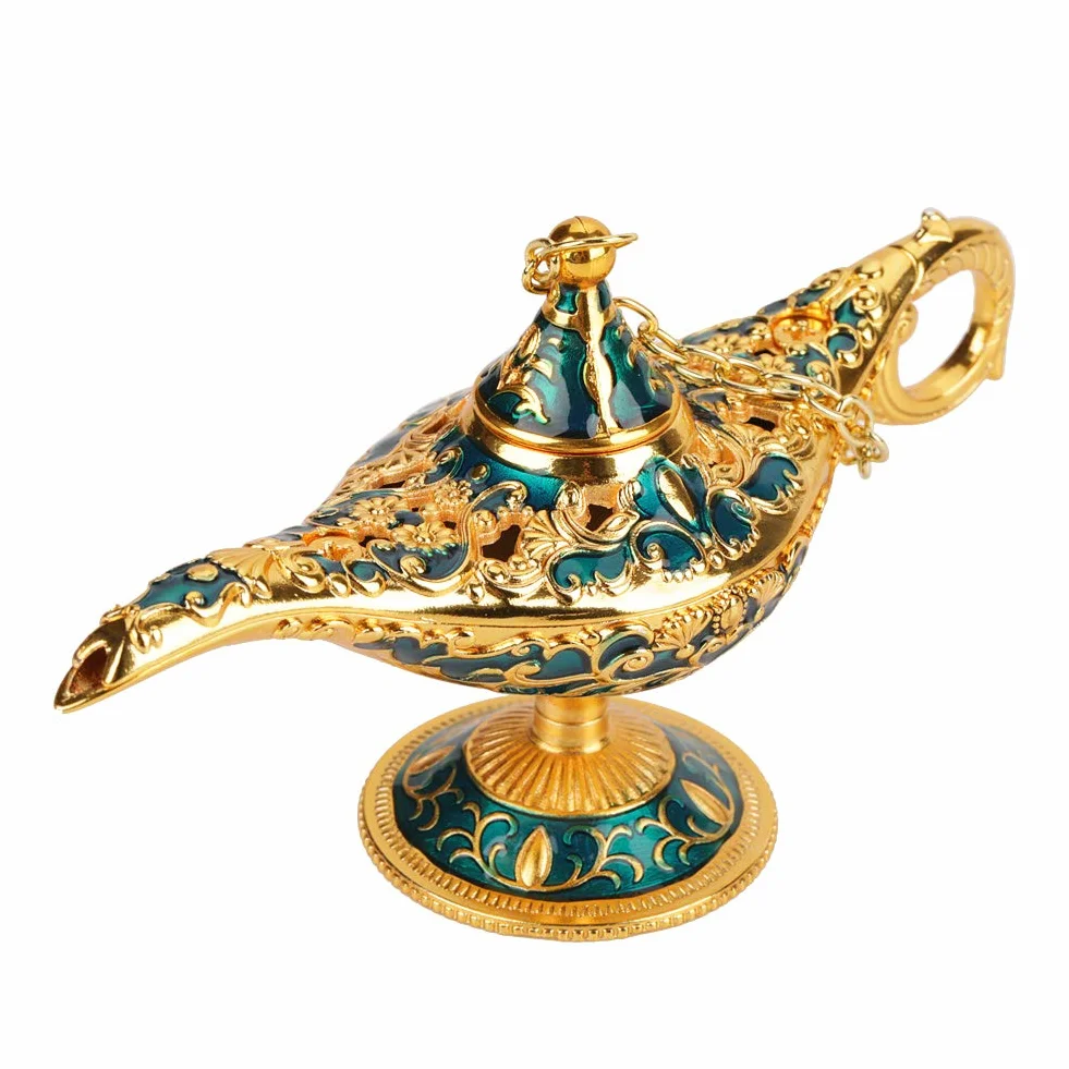 Lampa dekoracyjna 3D vintage metalowa rzeźbiona magiczna dżin palnik kadzidła złoto-niebieski