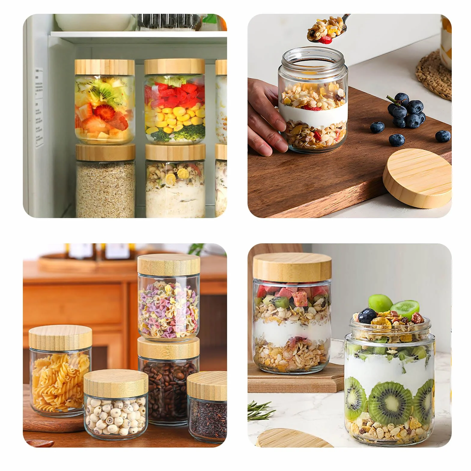 Szklane słoiki Overnight Oatmeal 500 ml 4 szt. z bambusową pokrywką i łyżką ze stali nierdzewnej