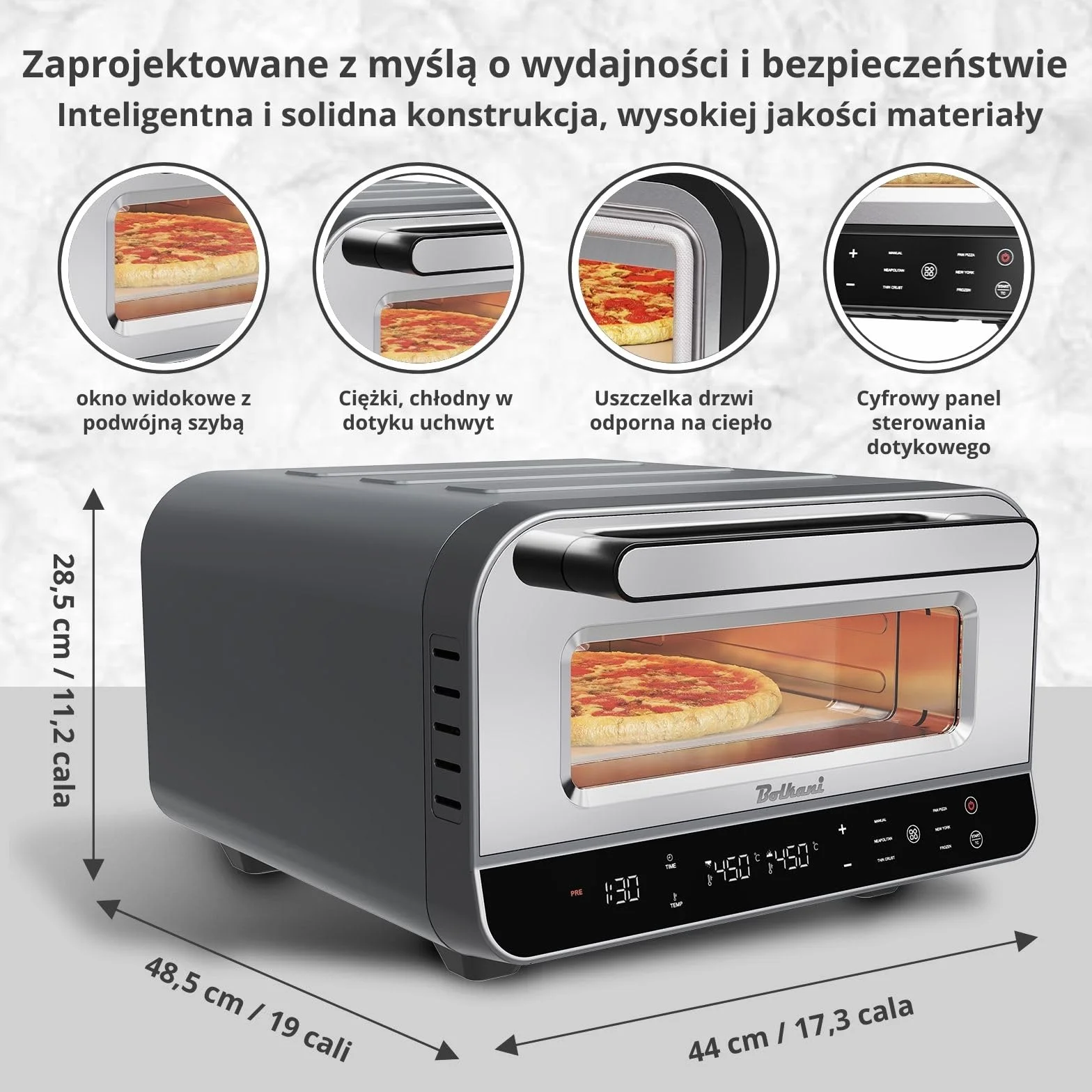 Elektryczny piec do pizzy 1700 W 450 °C z kamieniem i łopatką, timer, oświetlenie wewnętrzne, szary