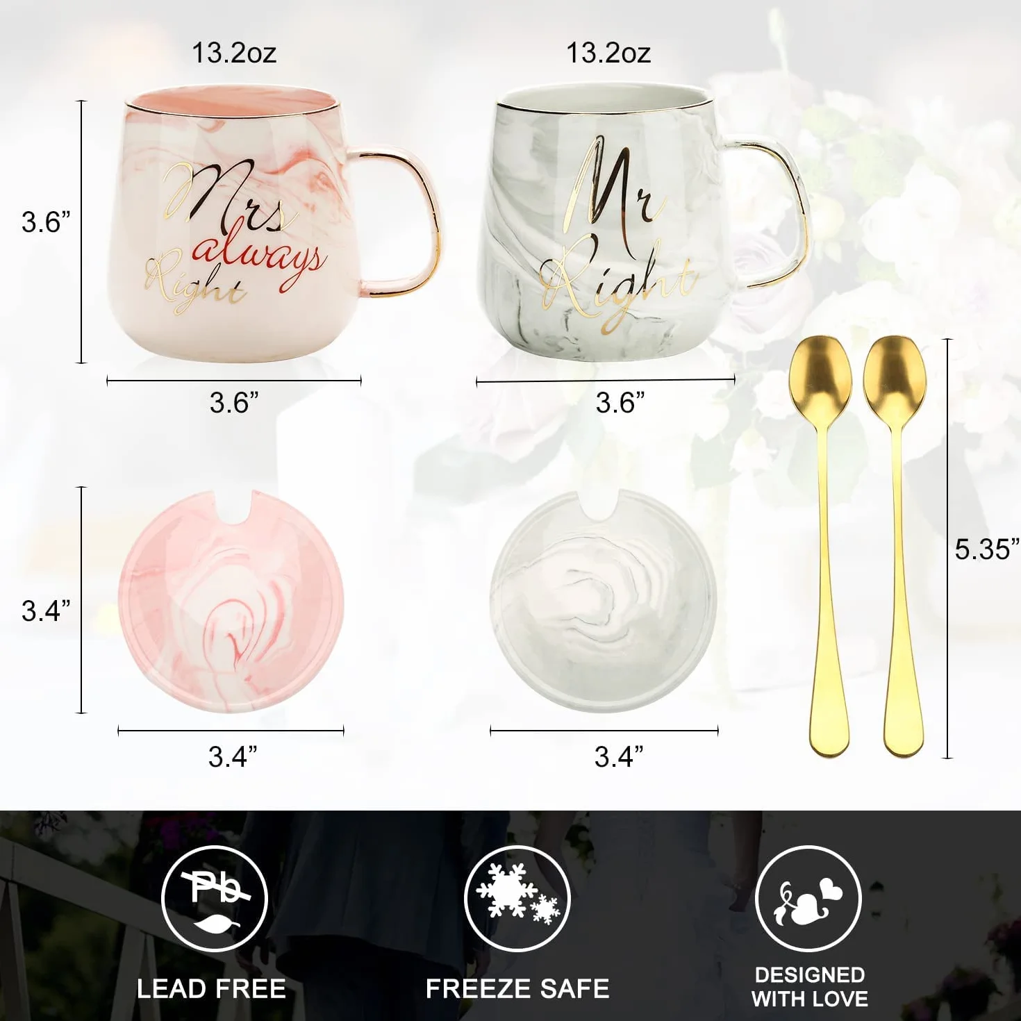 Mr Right and Mrs Always Right Ceramiczne Kubki Do Kawy Zestaw 2-13 Oz Para Filiżanka Herbaty z Pokrywką i Łyżką, Marmurowe Kubki Prezenty Ślubne dla Pary Młodej (Różowy, Szary)